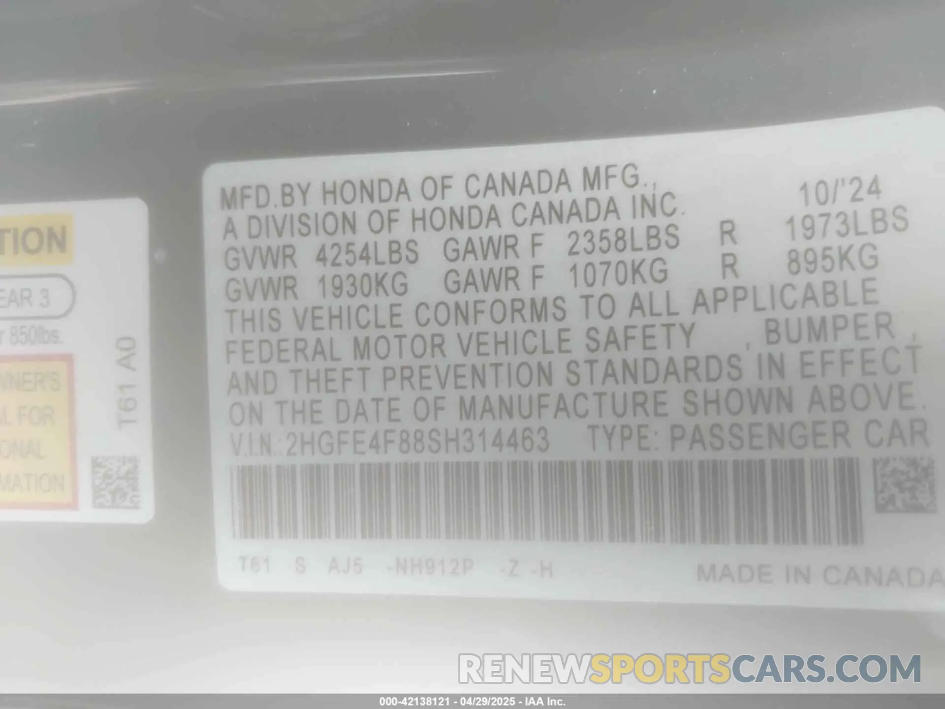 9 fotografías del automóvil dañado 2HGFE4F88SH314463 HONDA CIVIC  HYBRID 2025