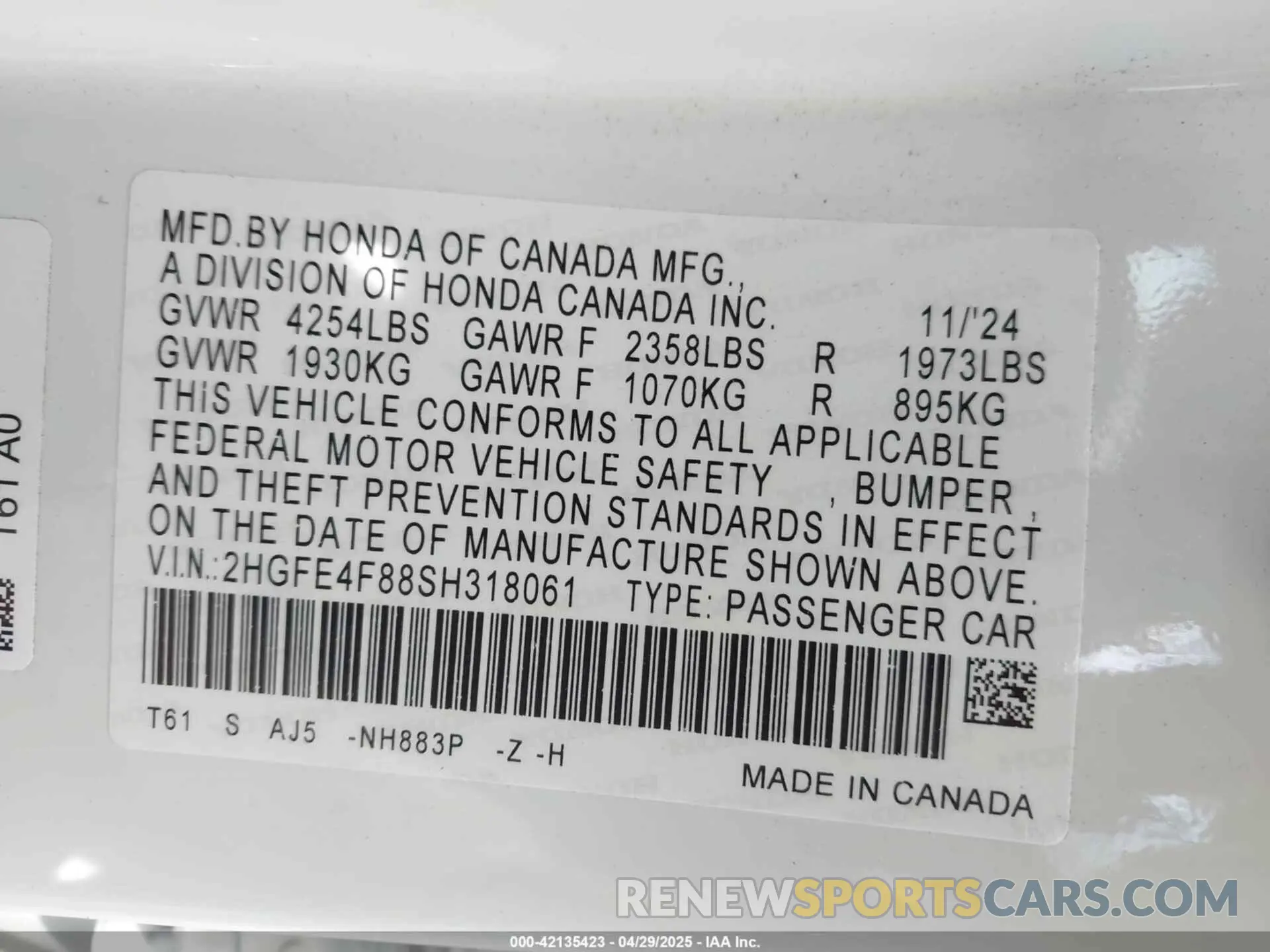 9 fotografías del automóvil dañado 2HGFE4F88SH318061 HONDA CIVIC  HYBRID 2025