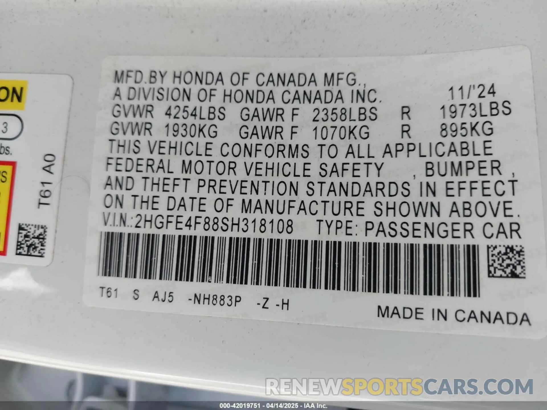 9 fotografías del automóvil dañado 2HGFE4F88SH318108 HONDA CIVIC  HYBRID 2025