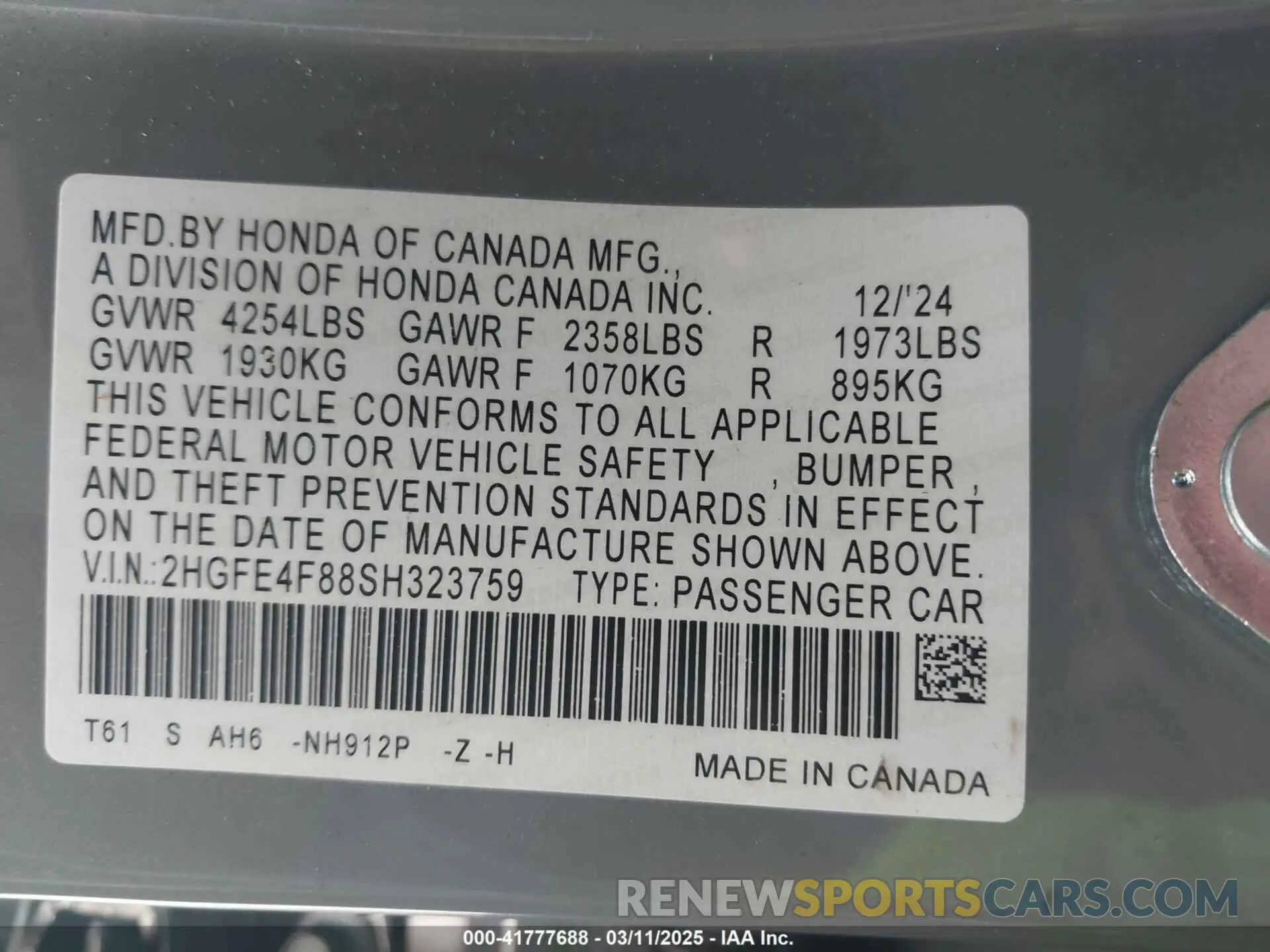 9 fotografías del automóvil dañado 2HGFE4F88SH323759 HONDA CIVIC  HYBRID 2025