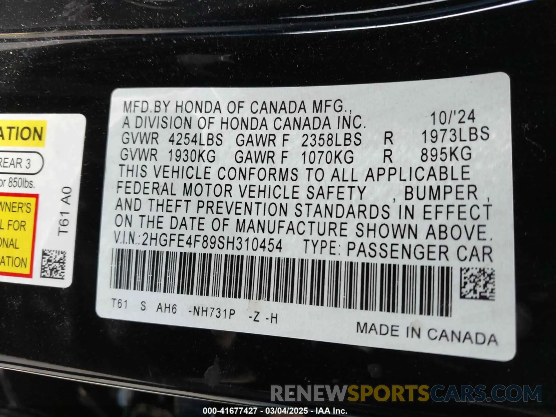 9 fotografías del automóvil dañado 2HGFE4F89SH310454 HONDA CIVIC  HYBRID 2025