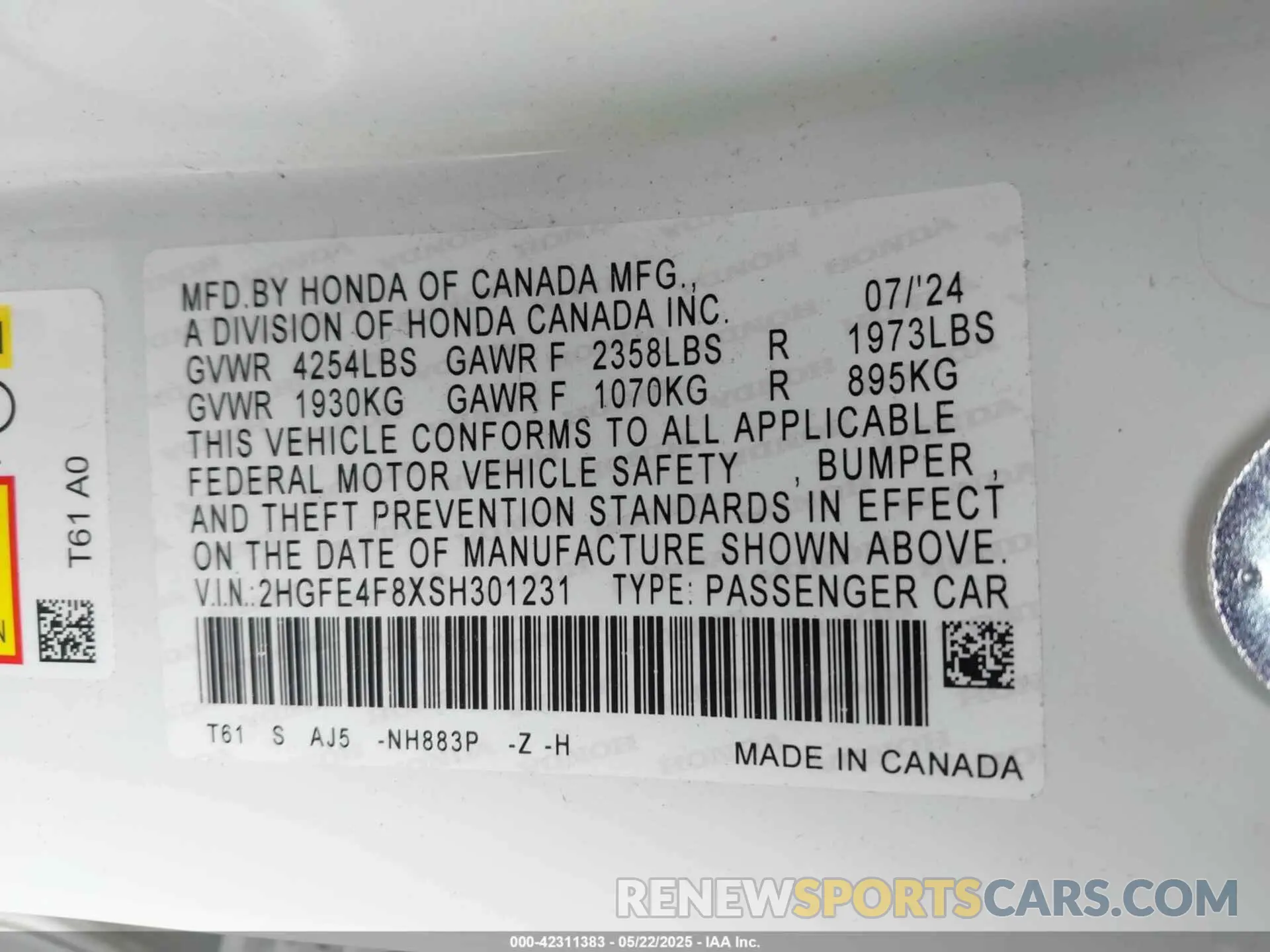 9 fotografías del automóvil dañado 2HGFE4F8XSH301231 HONDA CIVIC HYBRID 2025