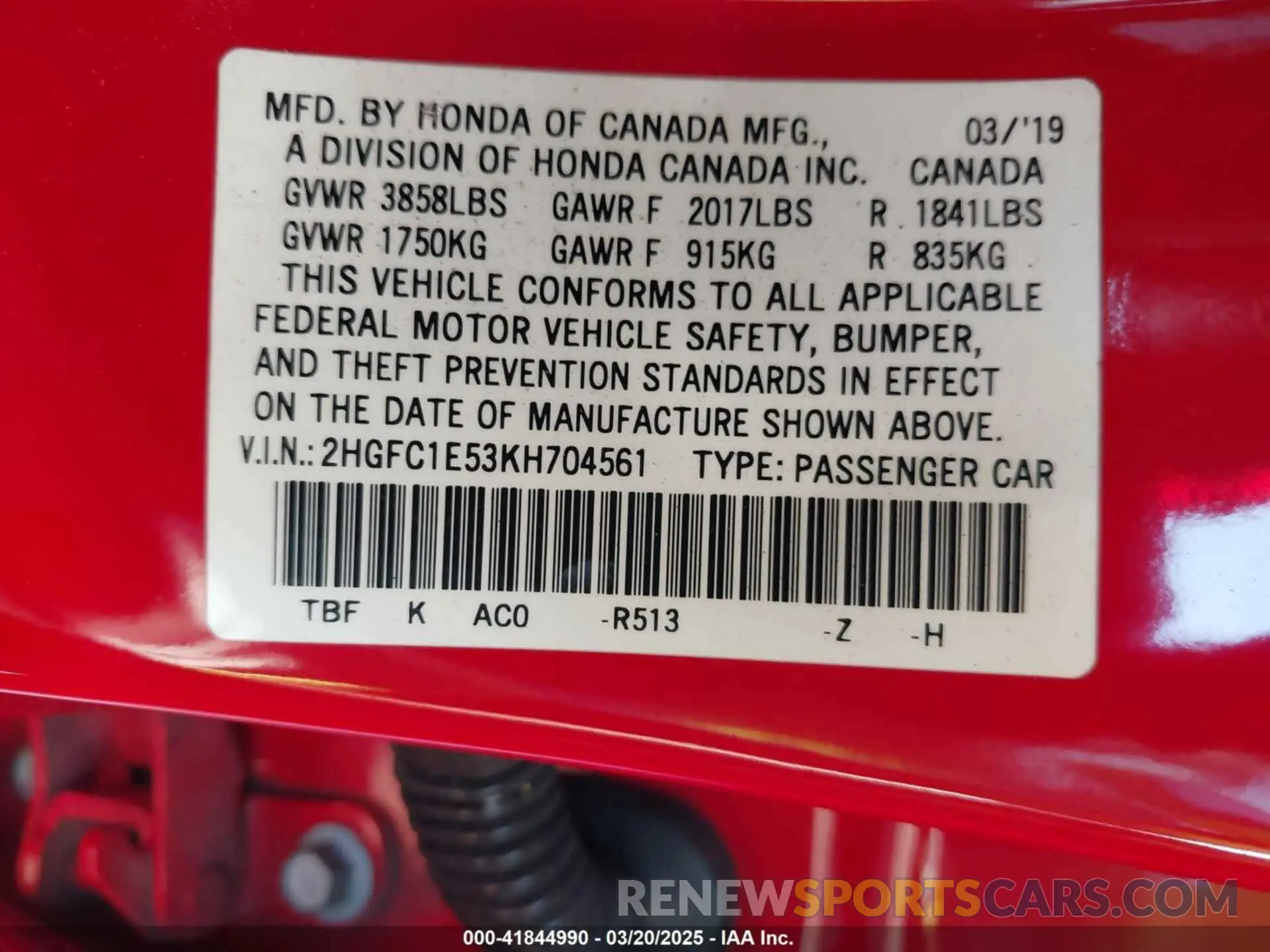 9 fotografías del automóvil dañado 2HGFC1E53KH704561 HONDA CIVIC SI 2019