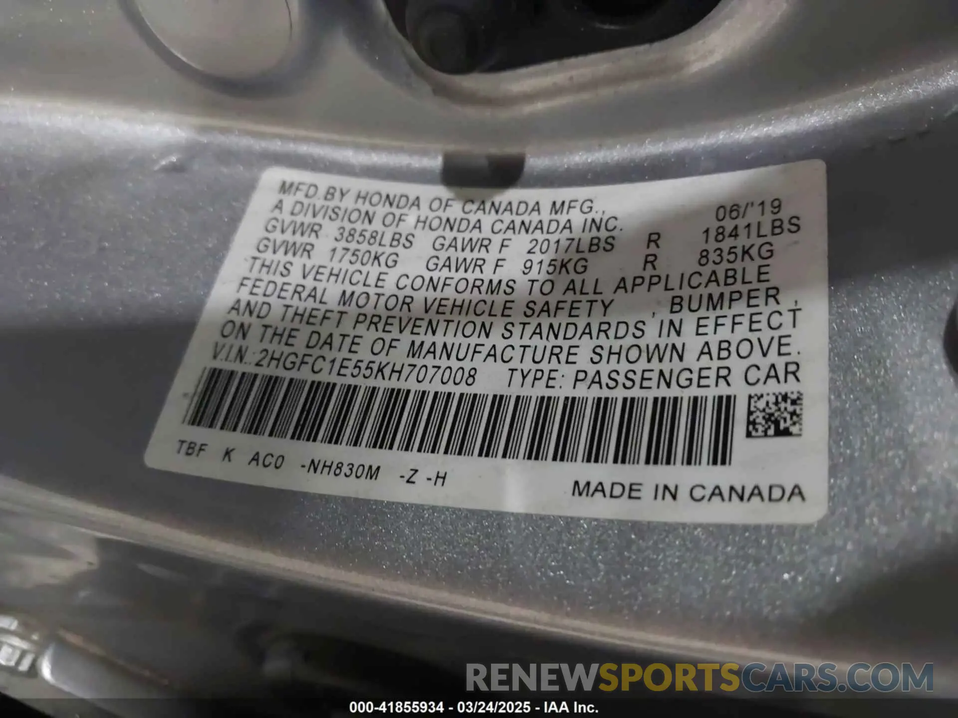 9 fotografías del automóvil dañado 2HGFC1E55KH707008 HONDA CIVIC SI 2019