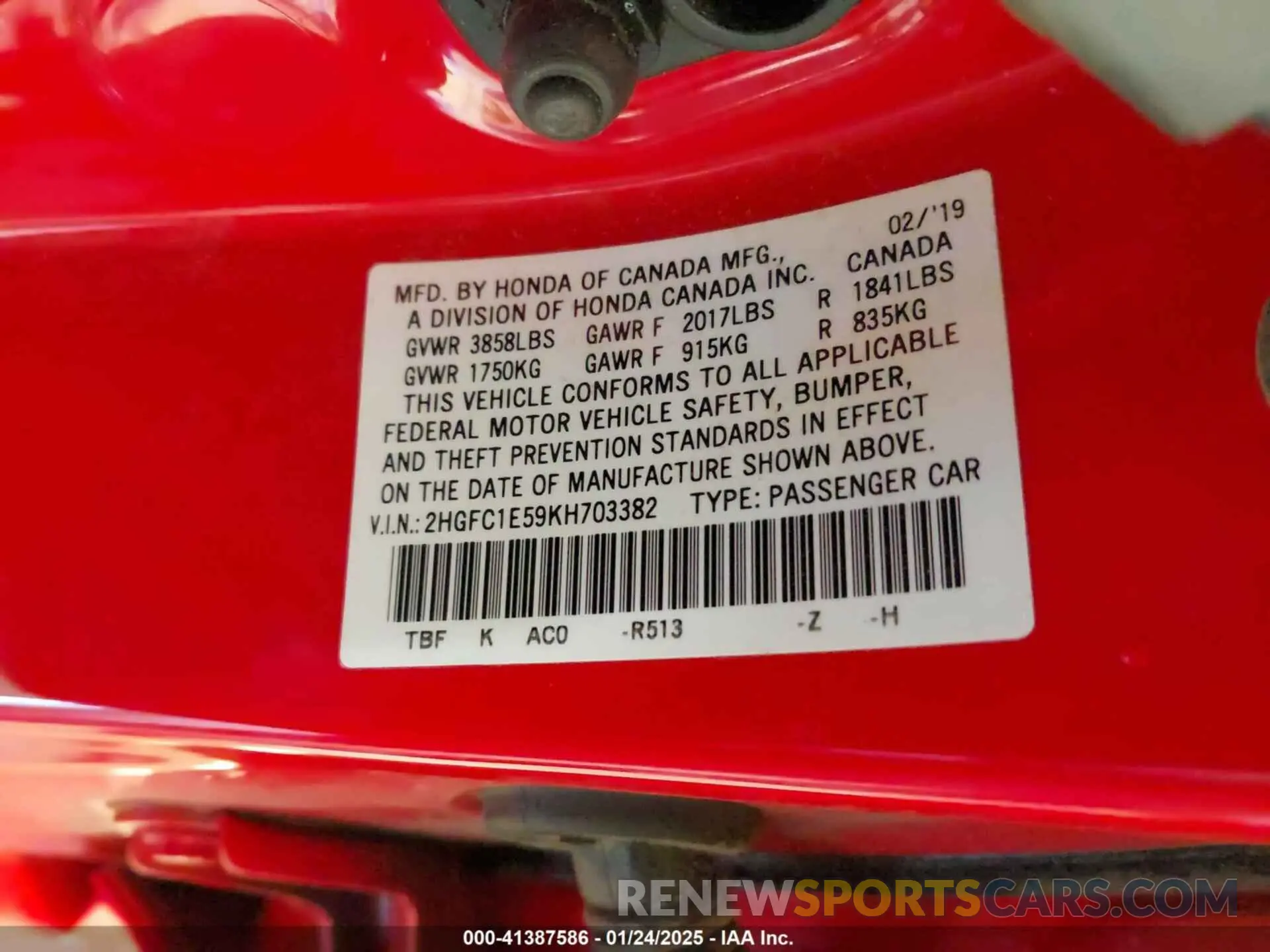 9 fotografías del automóvil dañado 2HGFC1E59KH703382 HONDA CIVIC SI 2019
