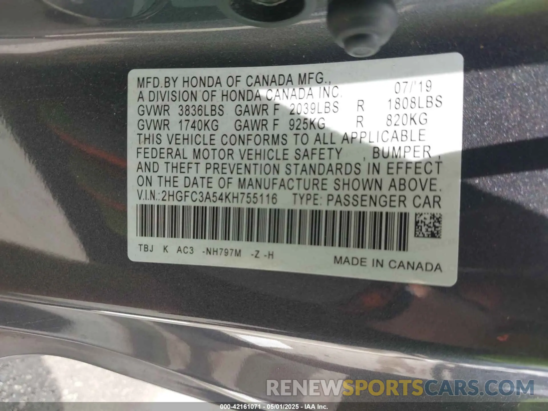 9 fotografías del automóvil dañado 2HGFC3A54KH755116 HONDA CIVIC SI 2019
