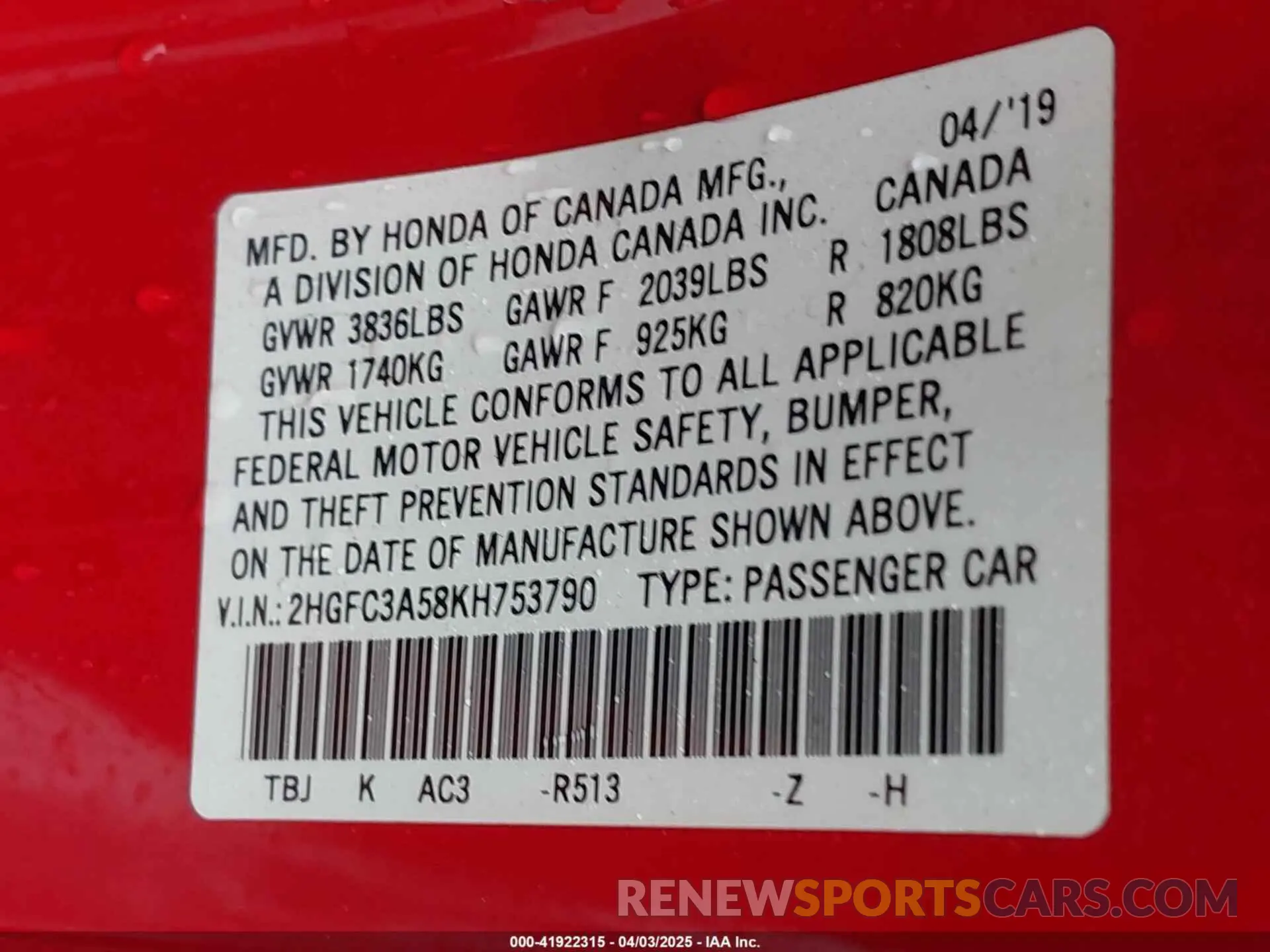9 fotografías del automóvil dañado 2HGFC3A58KH753790 HONDA CIVIC SI 2019