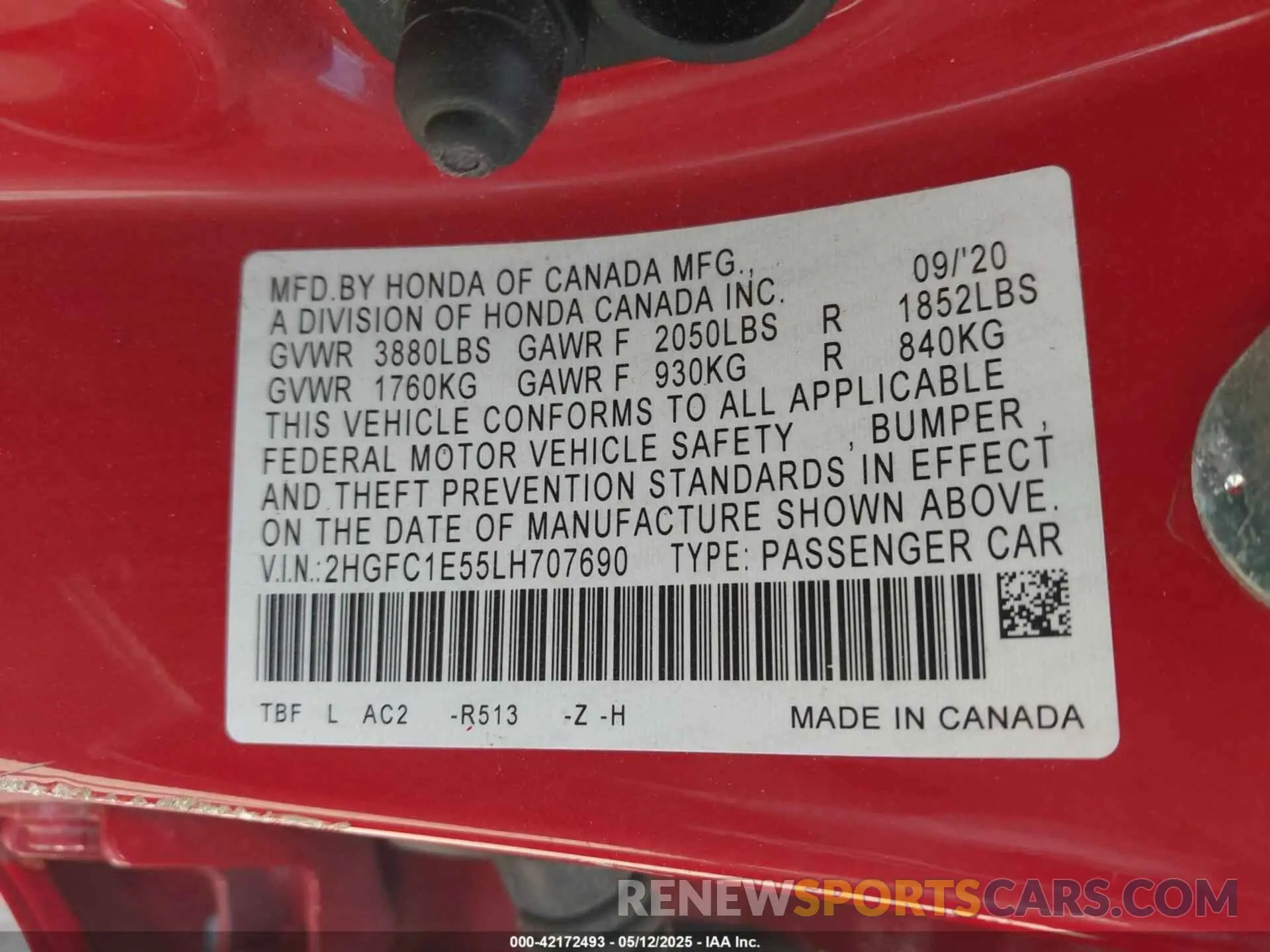 9 fotografías del automóvil dañado 2HGFC1E55LH707690 HONDA CIVIC SI 2020