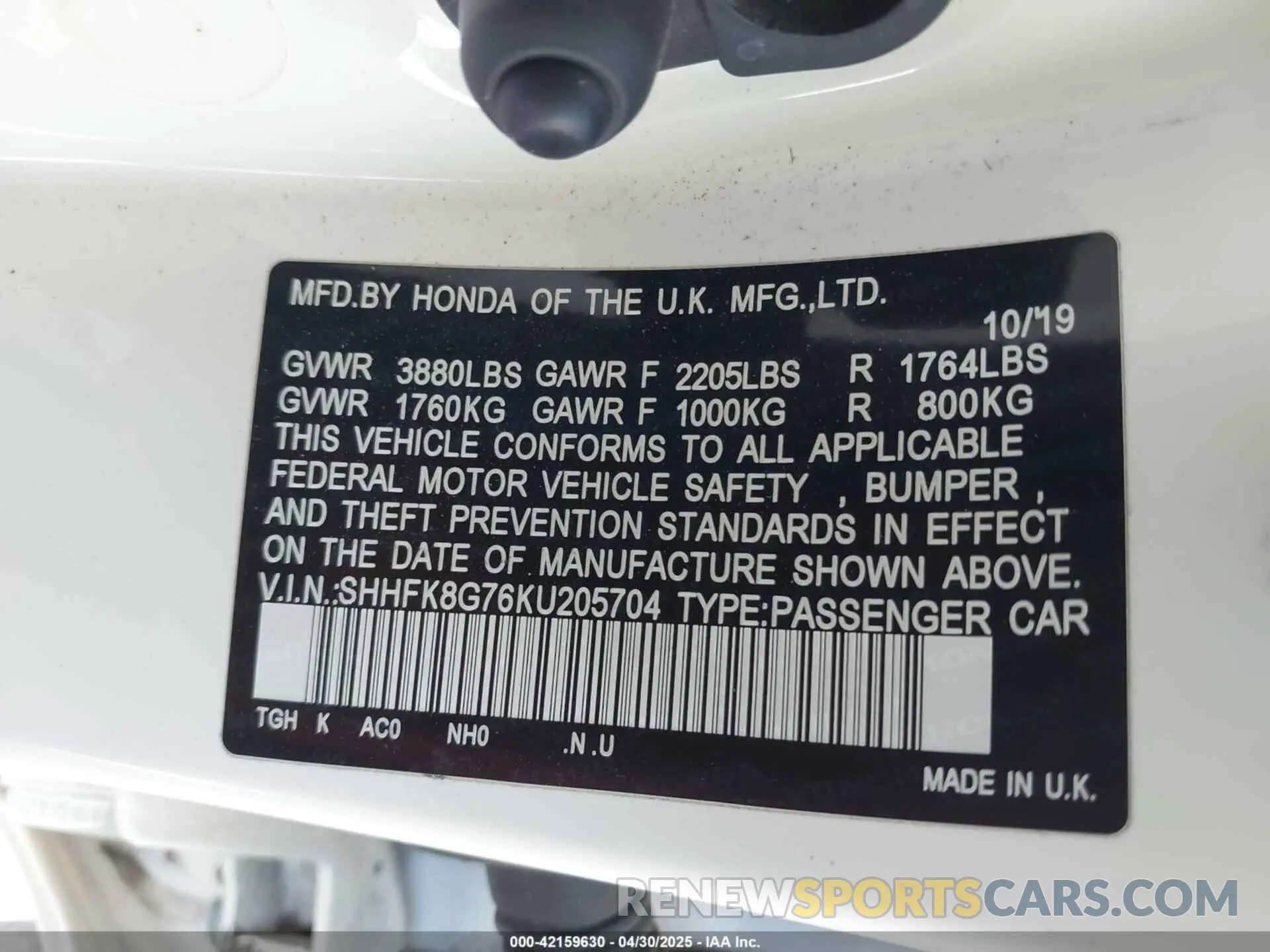 9 fotografías del automóvil dañado SHHFK8G76KU205704 HONDA CIVIC TYPE R 2019