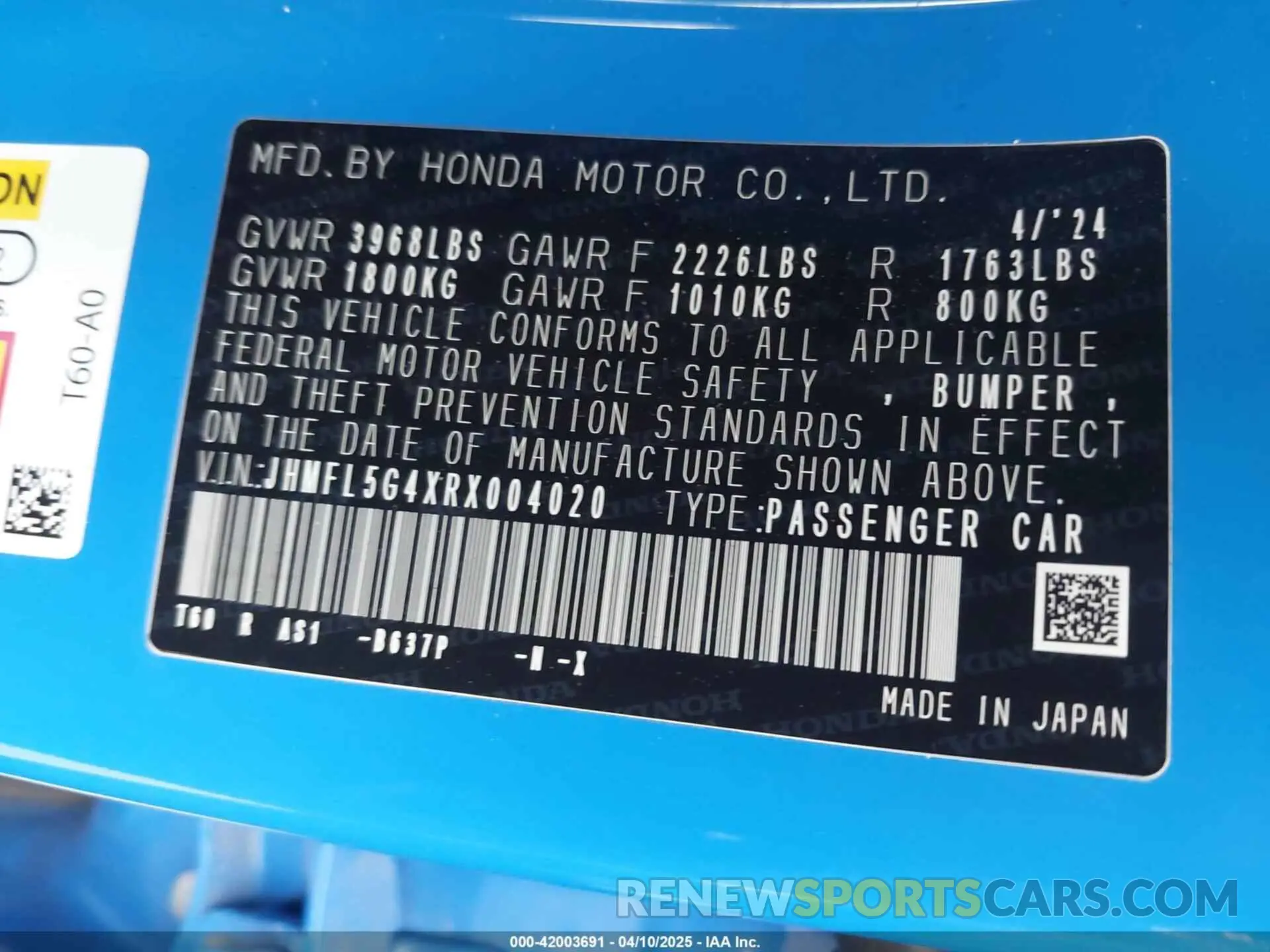 9 fotografías del automóvil dañado JHMFL5G4XRX004020 HONDA CIVIC TYPE R 2024