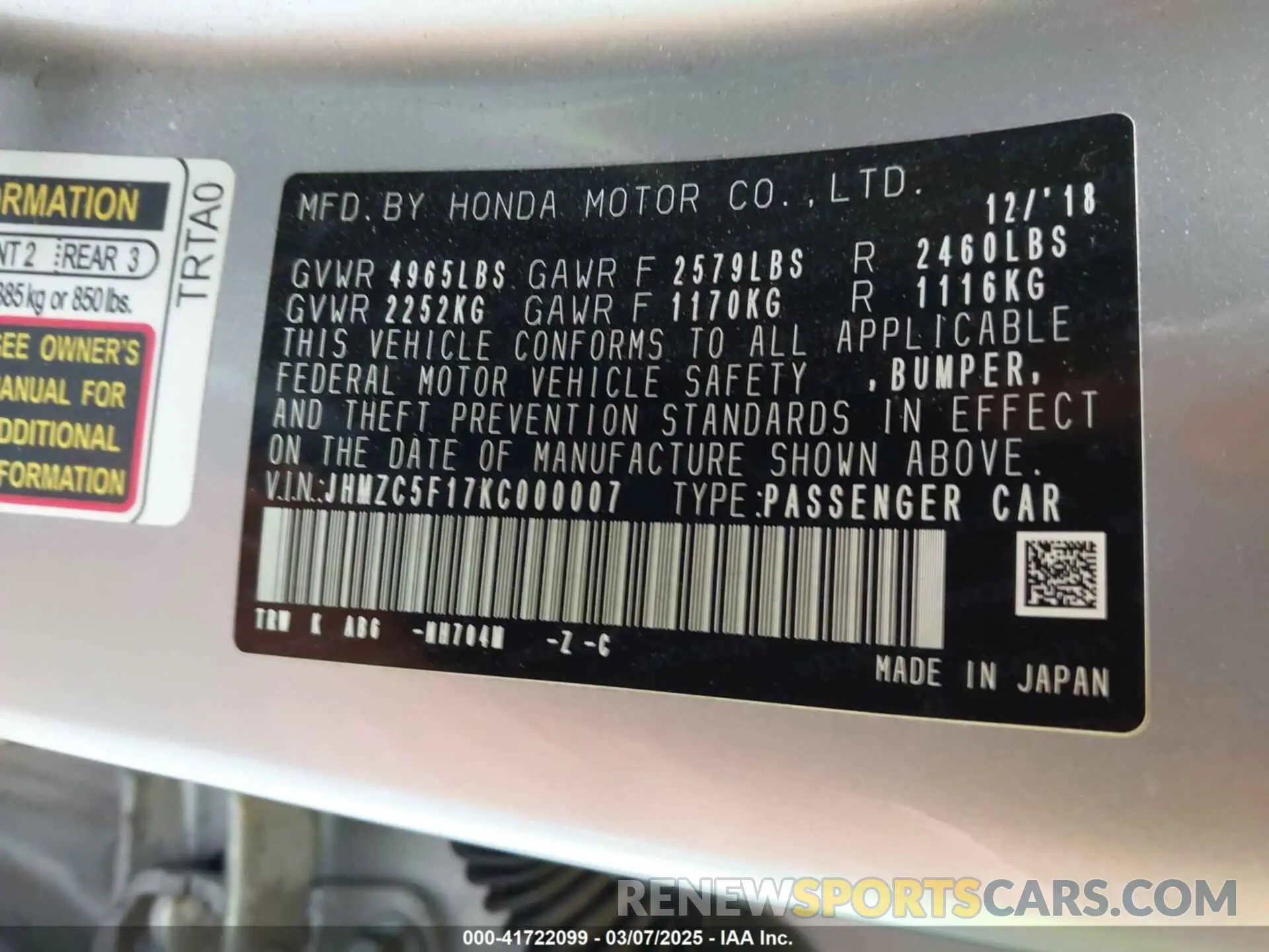 9 fotografías del automóvil dañado JHMZC5F17KC000007 HONDA CLARITY PLUG-IN HYBRID 2019