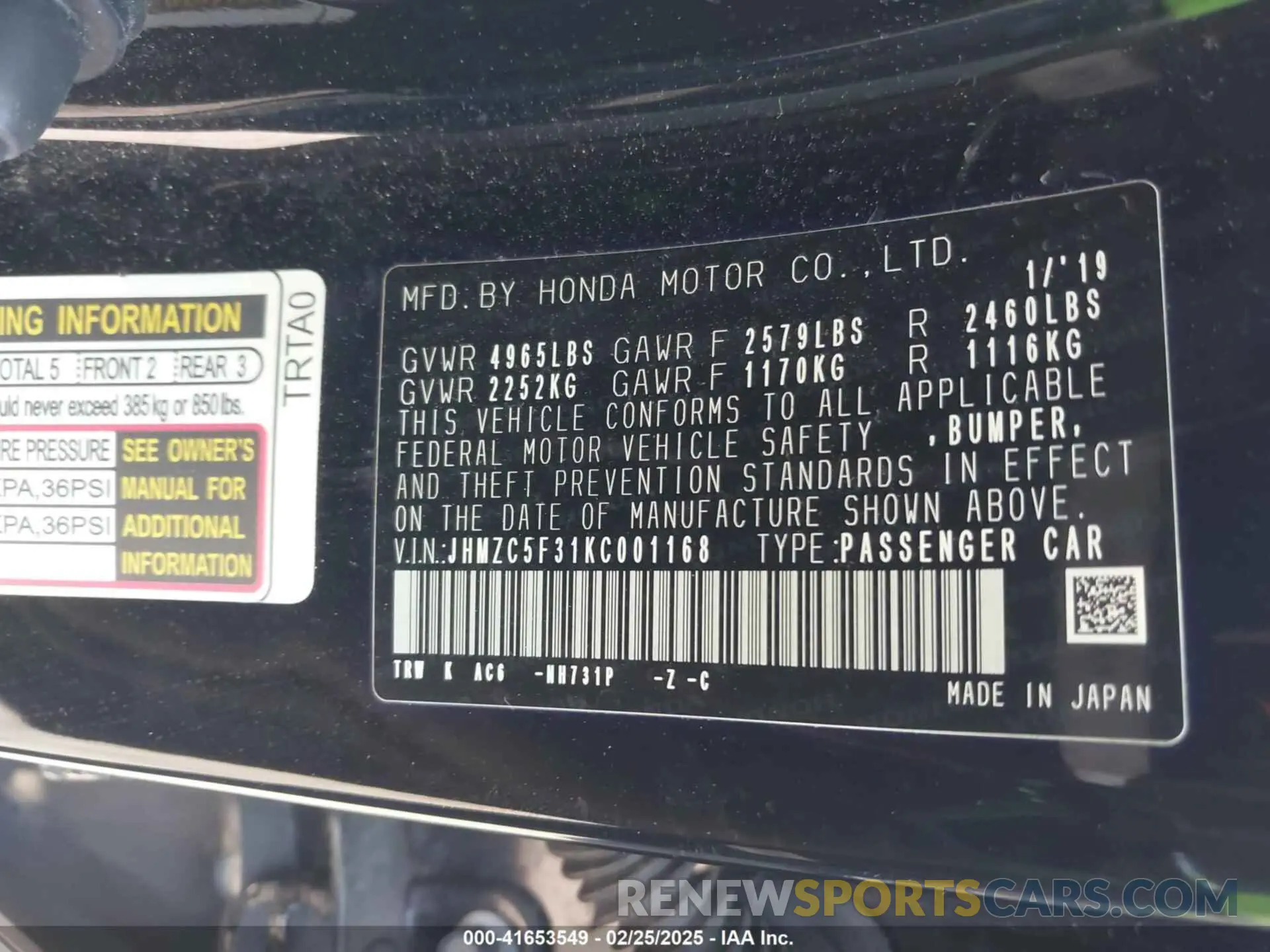 9 fotografías del automóvil dañado JHMZC5F31KC001168 HONDA CLARITY PLUG-IN HYBRID 2019