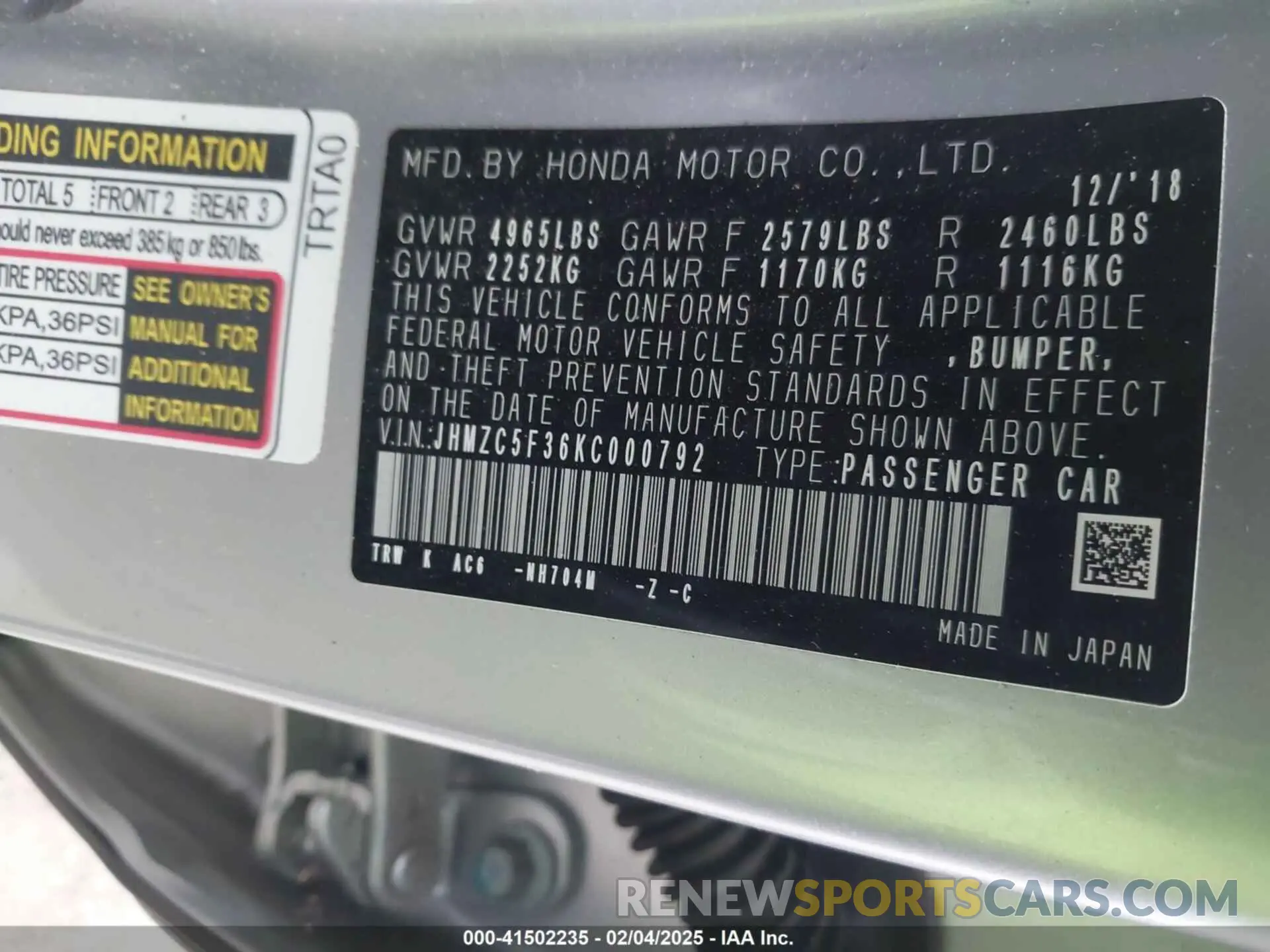 9 fotografías del automóvil dañado JHMZC5F36KC000792 HONDA CLARITY PLUG-IN HYBRID 2019