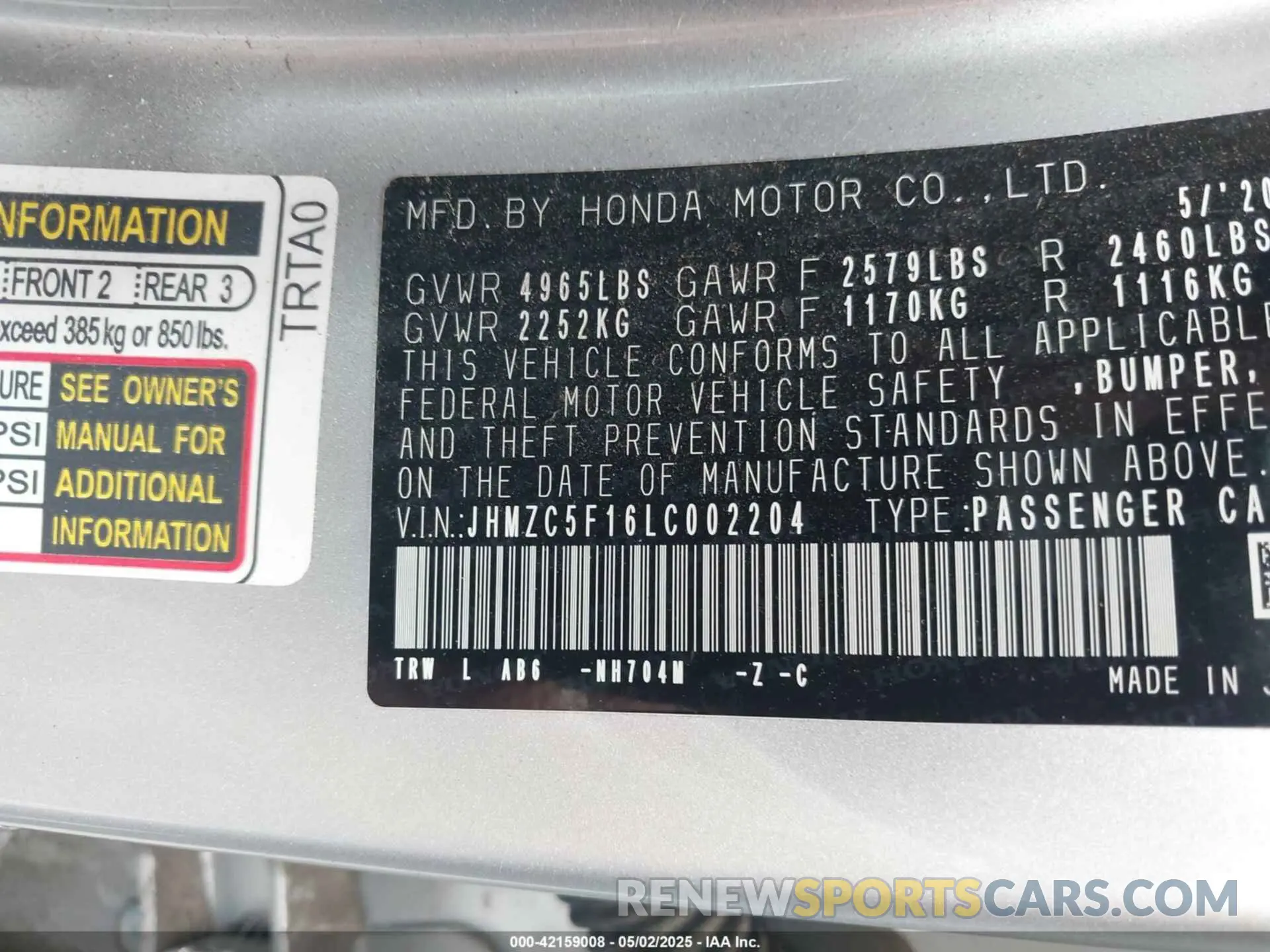 9 fotografías del automóvil dañado JHMZC5F16LC002204 HONDA CLARITY PLUG-IN HYBRID 2020
