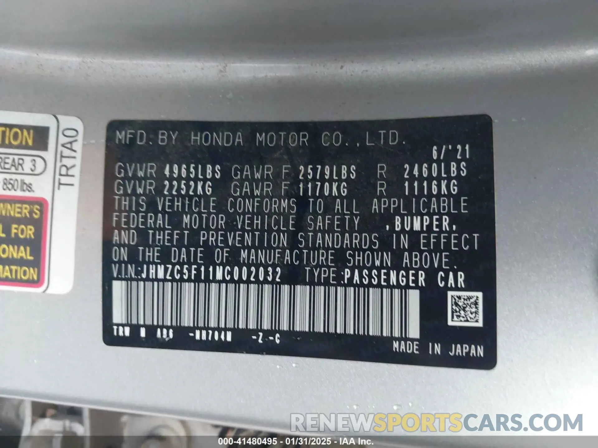 9 fotografías del automóvil dañado JHMZC5F11MC002032 HONDA CLARITY PLUG-IN HYBRID 2021