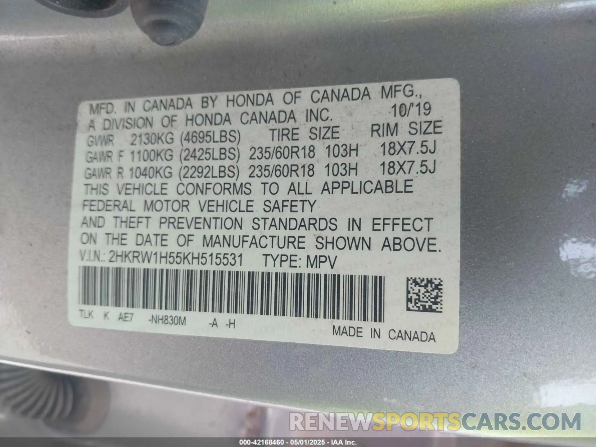 9 fotografías del automóvil dañado 2HKRW1H55KH515531 HONDA CR-V 2019