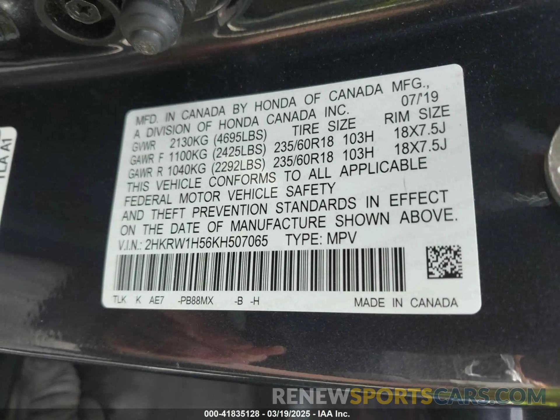 9 fotografías del automóvil dañado 2HKRW1H56KH507065 HONDA CR-V 2019