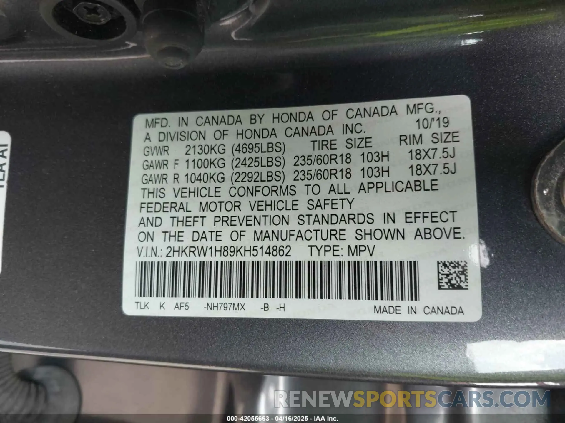 9 fotografías del automóvil dañado 2HKRW1H89KH514862 HONDA CR-V 2019