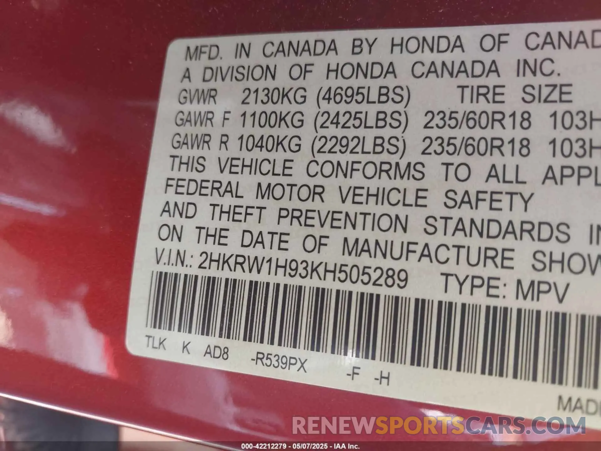 9 fotografías del automóvil dañado 2HKRW1H93KH505289 HONDA CR-V 2019