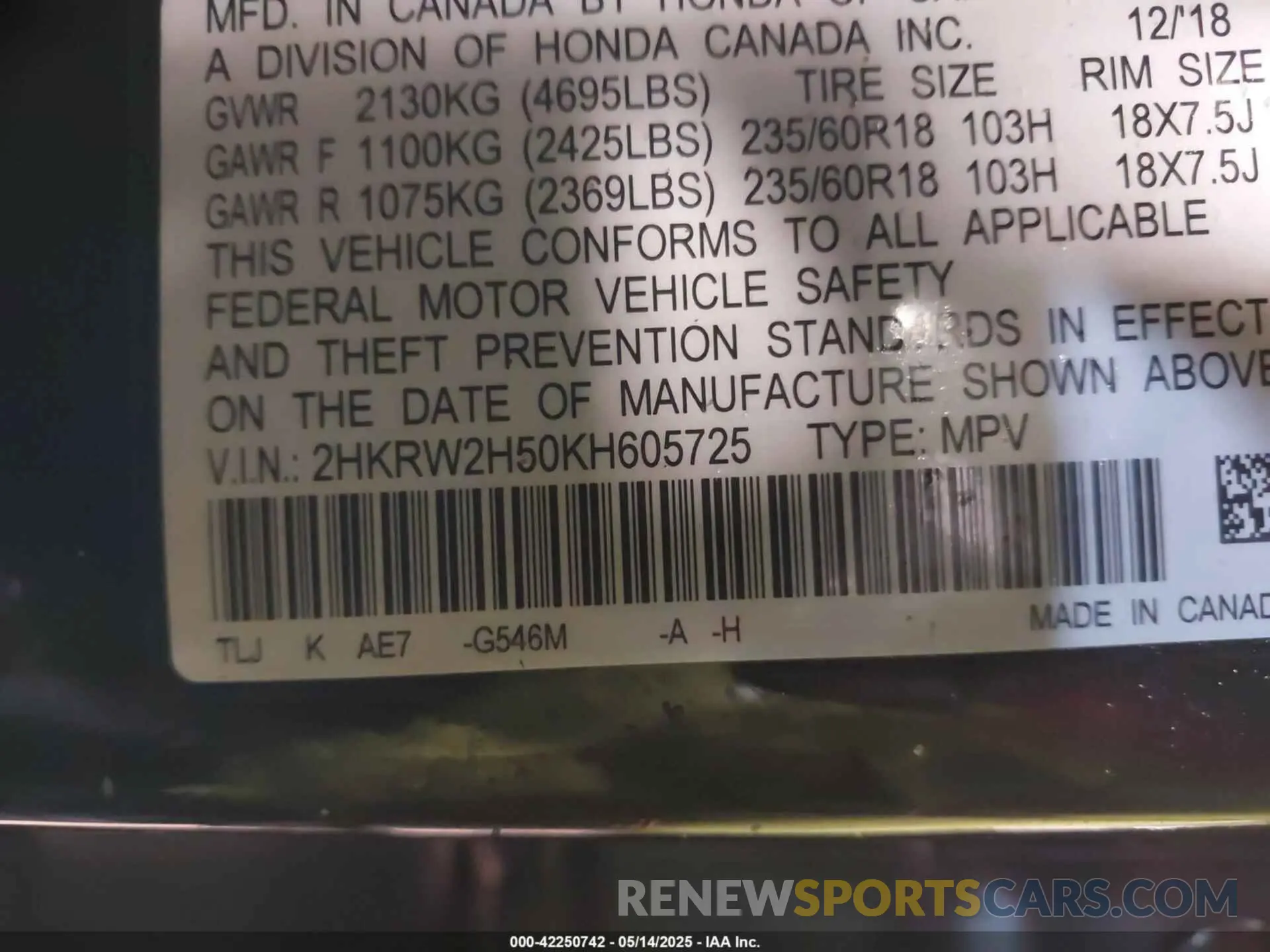 9 fotografías del automóvil dañado 2HKRW2H50KH605725 HONDA CR-V 2019