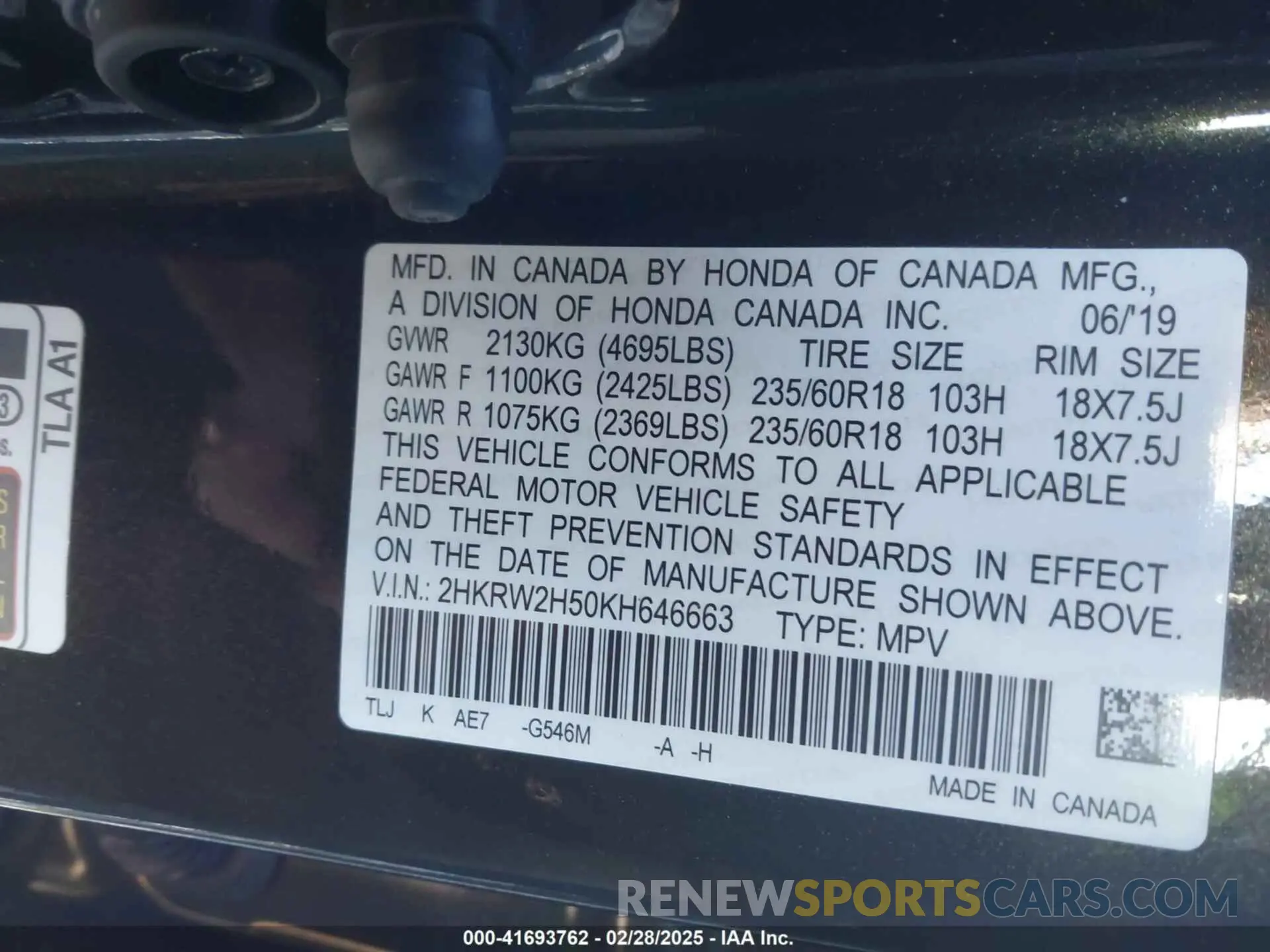 9 fotografías del automóvil dañado 2HKRW2H50KH646663 HONDA CR-V 2019