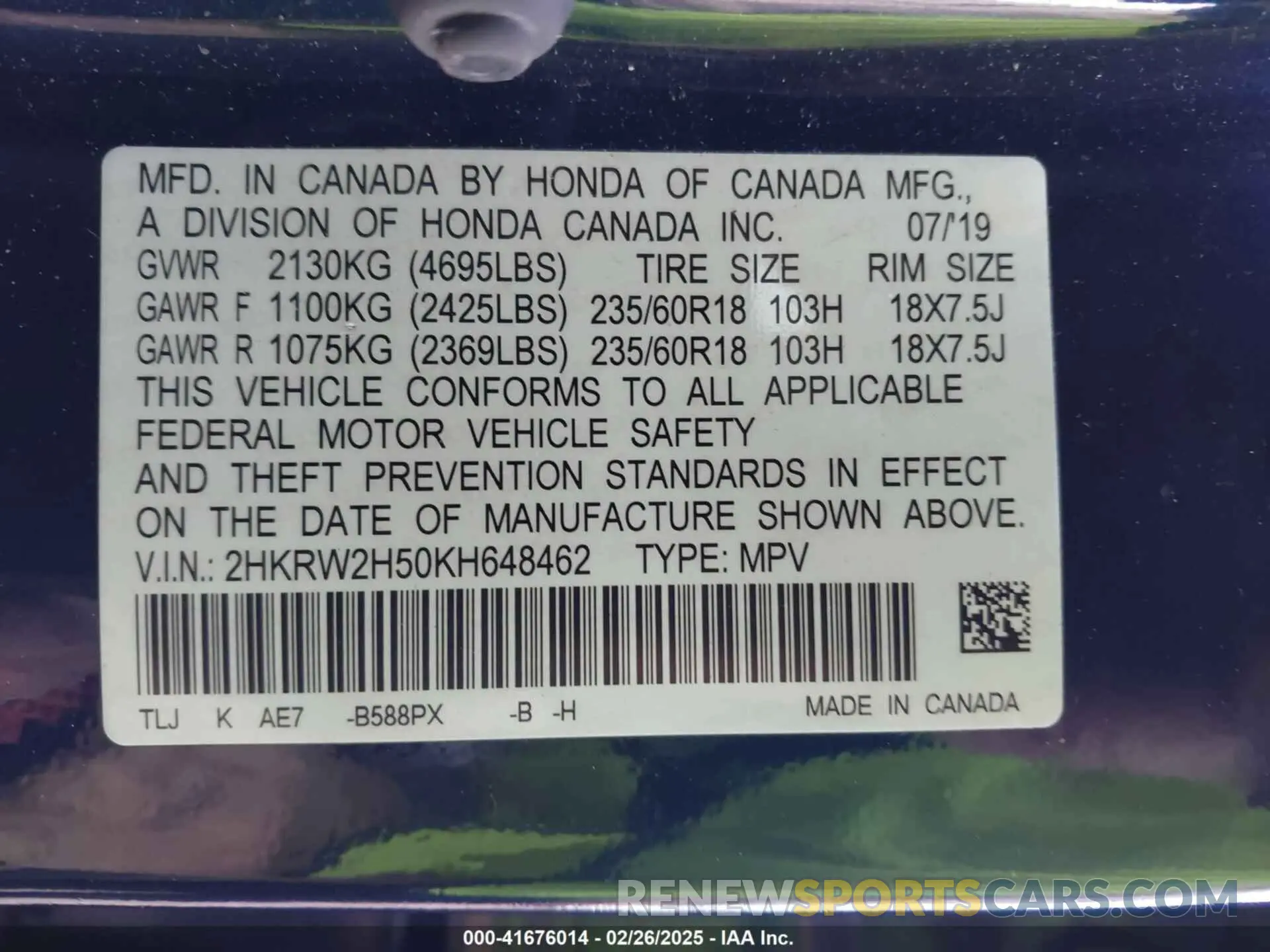 9 fotografías del automóvil dañado 2HKRW2H50KH648462 HONDA CR-V 2019