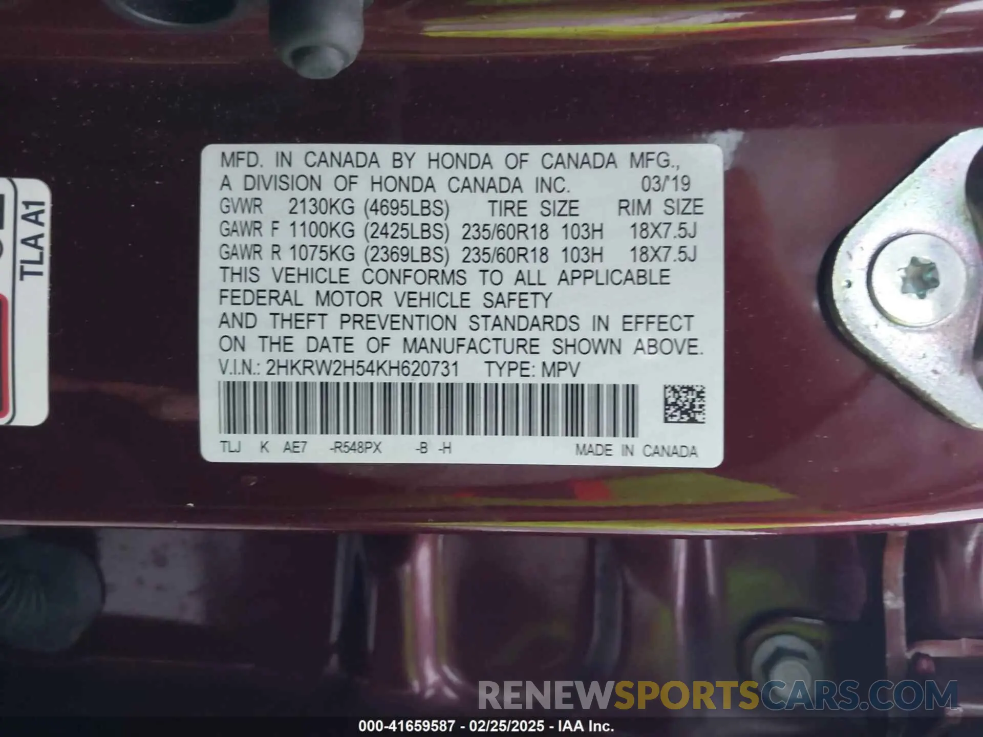 9 fotografías del automóvil dañado 2HKRW2H54KH620731 HONDA CR-V 2019