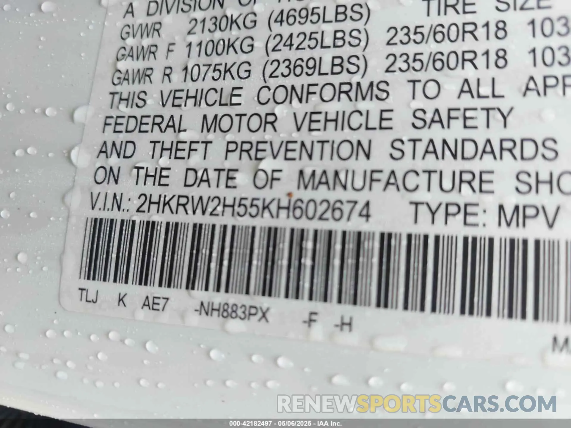 9 fotografías del automóvil dañado 2HKRW2H55KH602674 HONDA CR-V 2019
