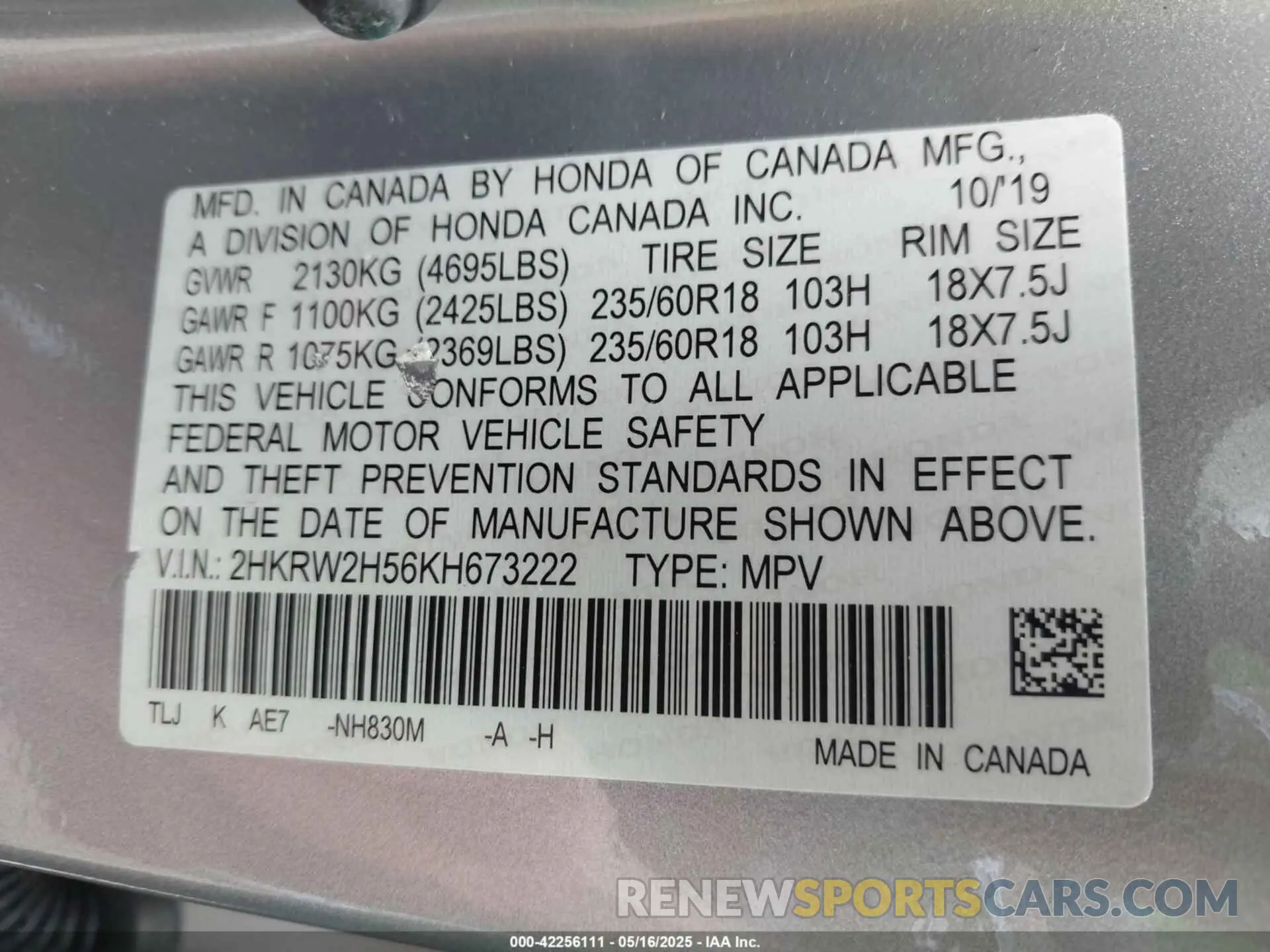 9 fotografías del automóvil dañado 2HKRW2H56KH673222 HONDA CR-V 2019