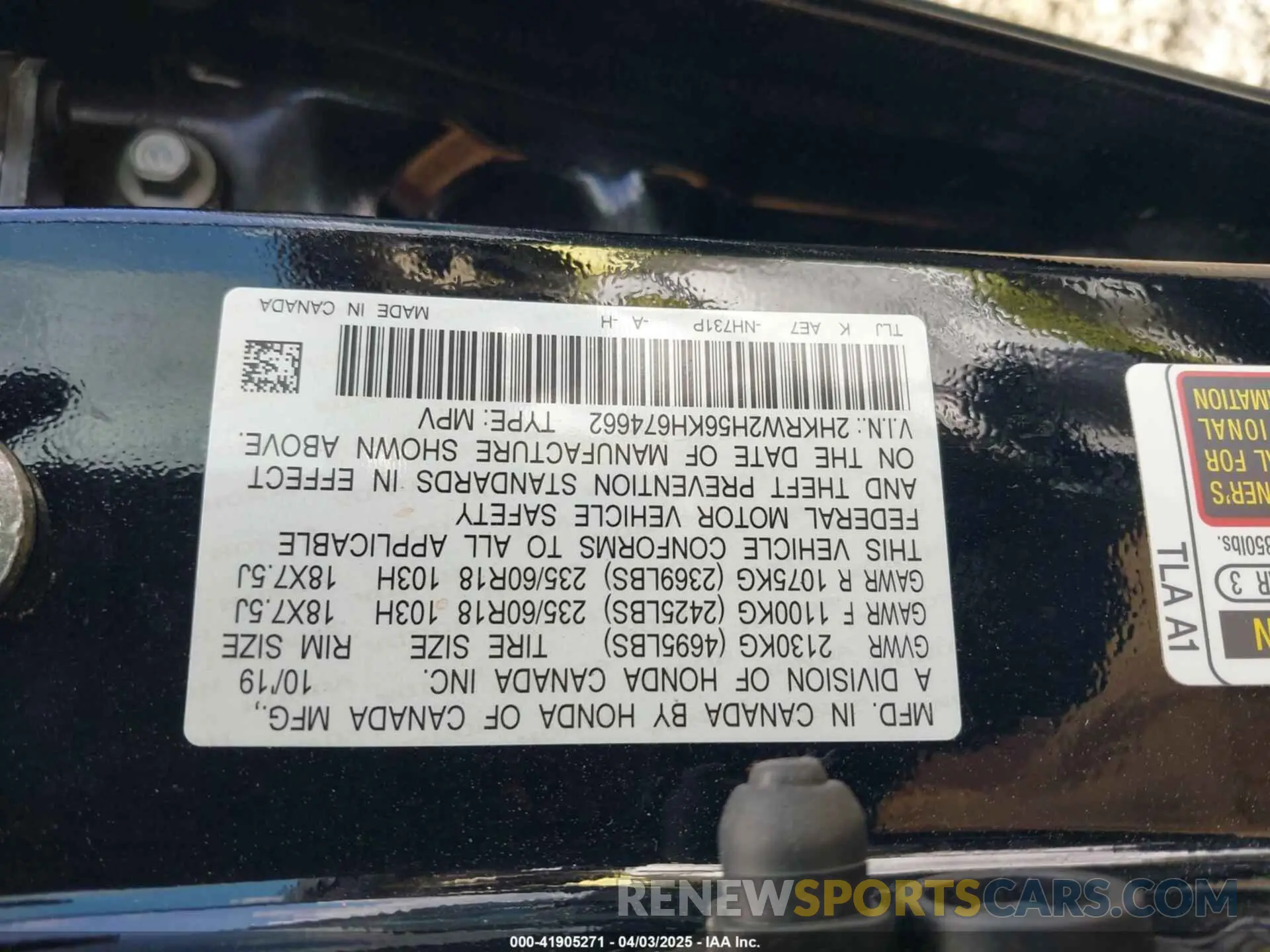 9 fotografías del automóvil dañado 2HKRW2H56KH674662 HONDA CR-V 2019