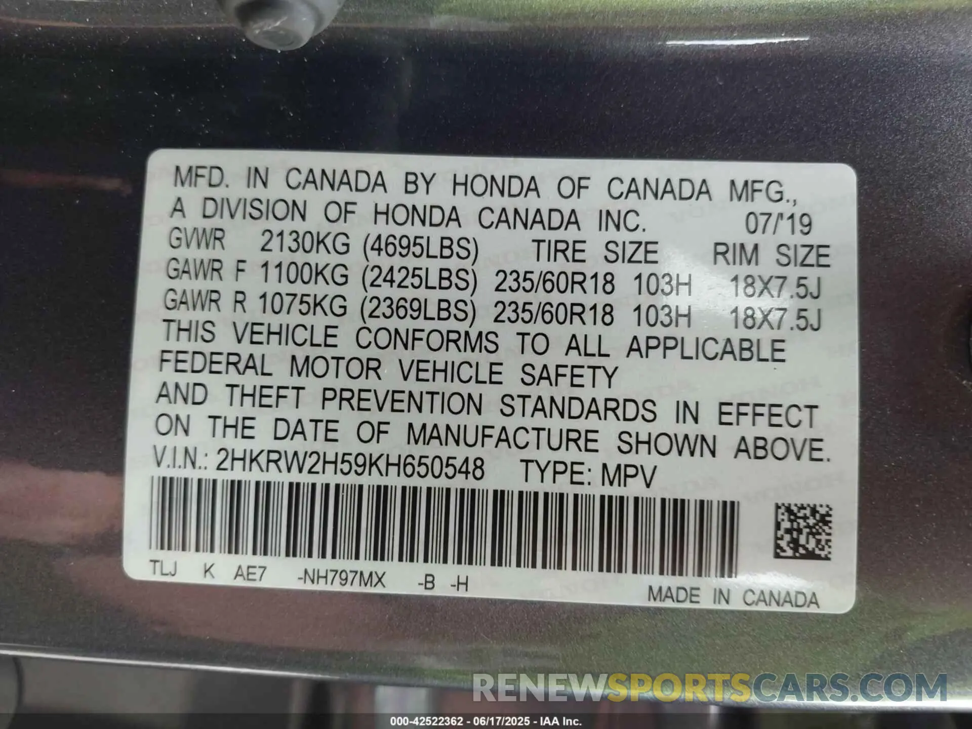 9 fotografías del automóvil dañado 2HKRW2H59KH650548 HONDA CR-V 2019