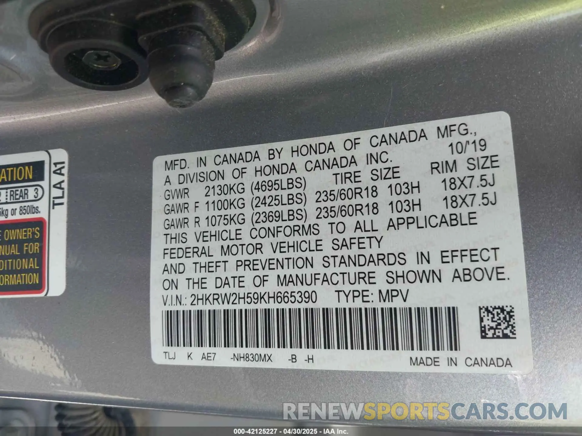 9 fotografías del automóvil dañado 2HKRW2H59KH665390 HONDA CR-V 2019