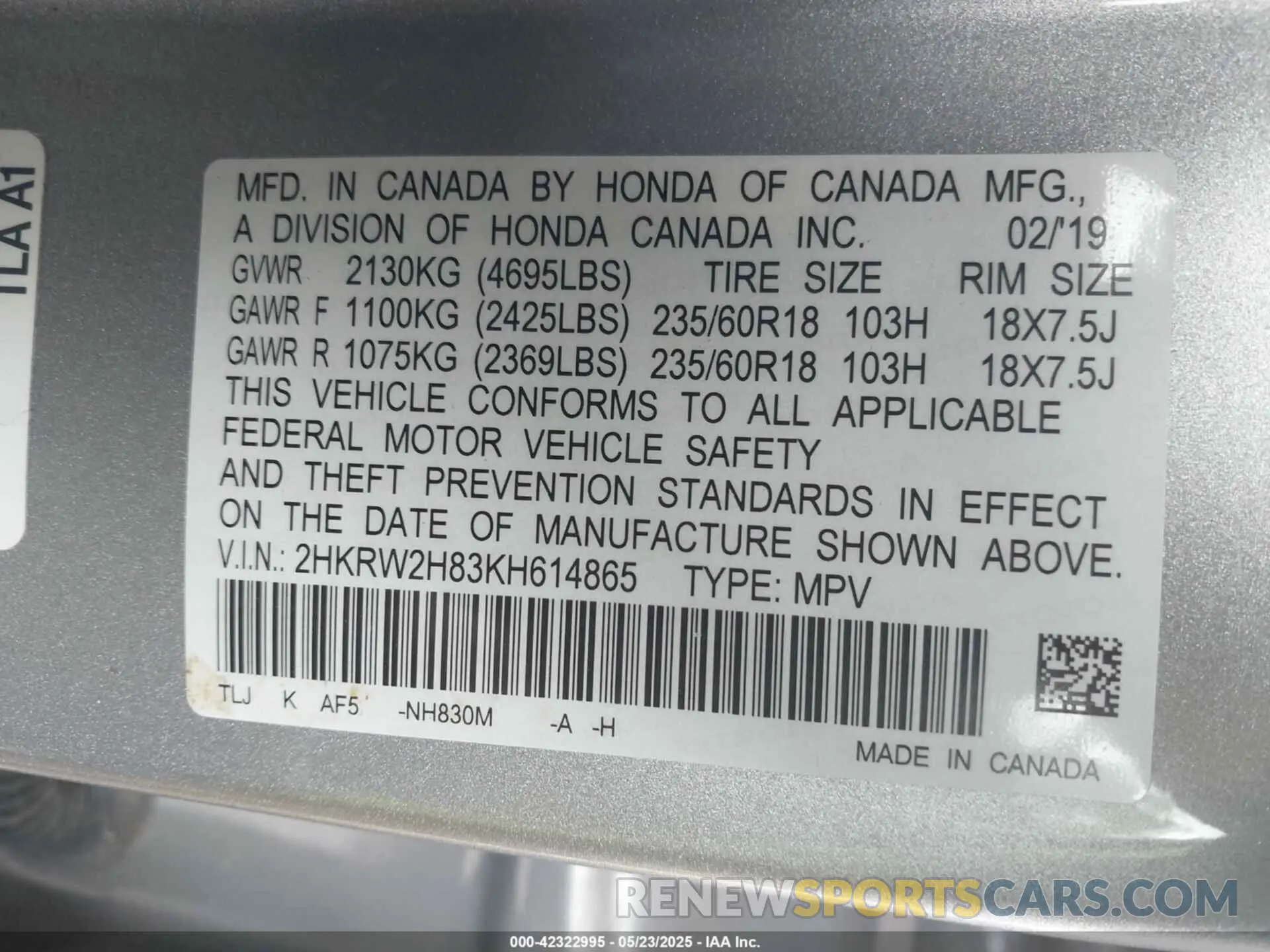 9 fotografías del automóvil dañado 2HKRW2H83KH614865 HONDA CR-V 2019