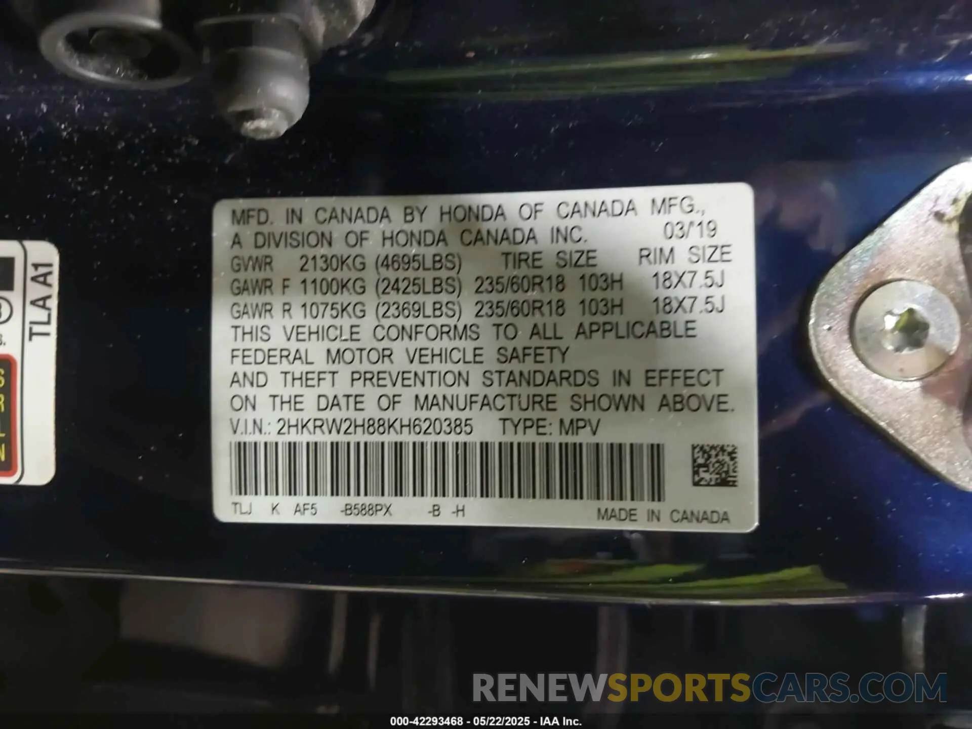 9 fotografías del automóvil dañado 2HKRW2H88KH620385 HONDA CR-V 2019