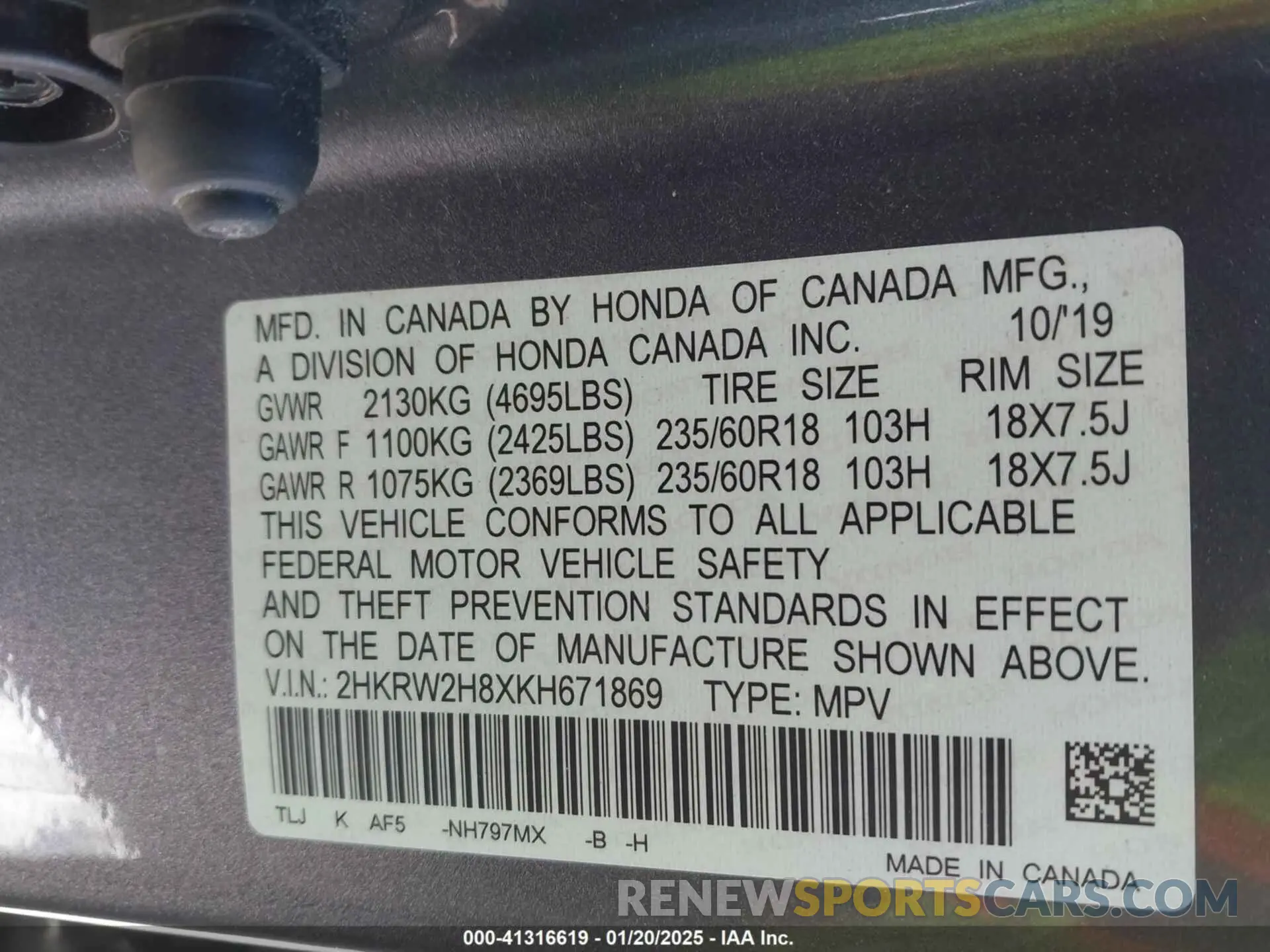9 fotografías del automóvil dañado 2HKRW2H8XKH671869 HONDA CR-V 2019