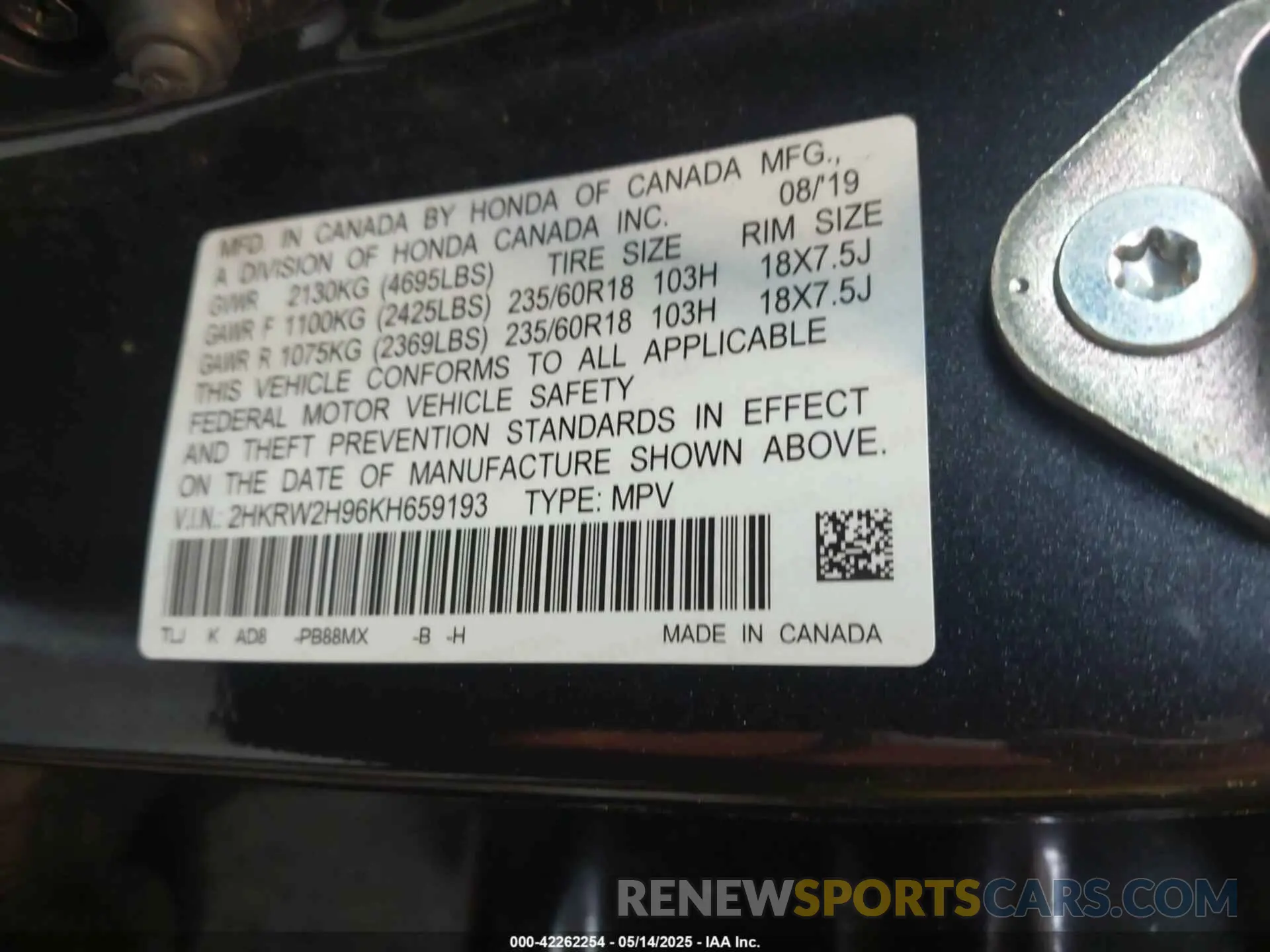 9 fotografías del automóvil dañado 2HKRW2H96KH659193 HONDA CR-V 2019