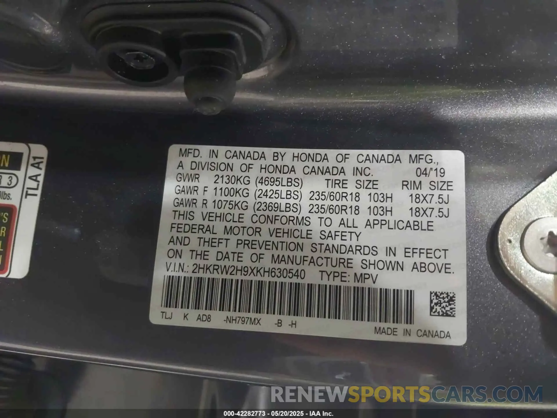 9 fotografías del automóvil dañado 2HKRW2H9XKH630540 HONDA CR-V 2019