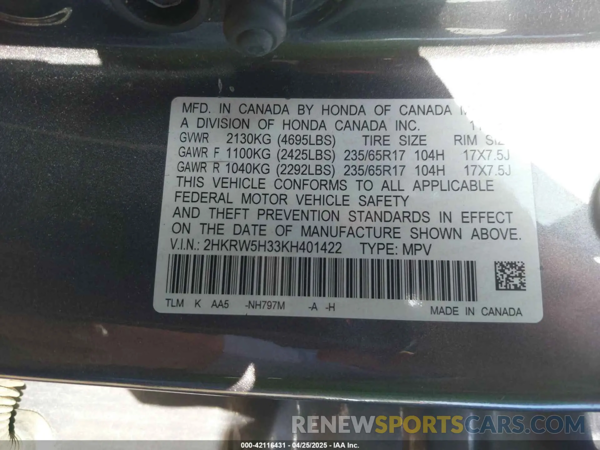 9 fotografías del automóvil dañado 2HKRW5H33KH401422 HONDA CR-V 2019