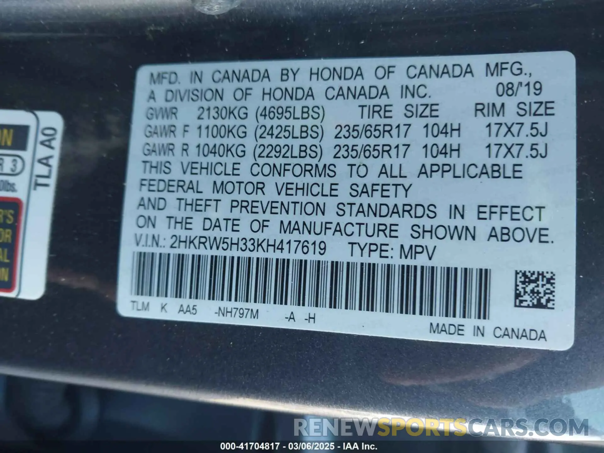 9 fotografías del automóvil dañado 2HKRW5H33KH417619 HONDA CR-V 2019