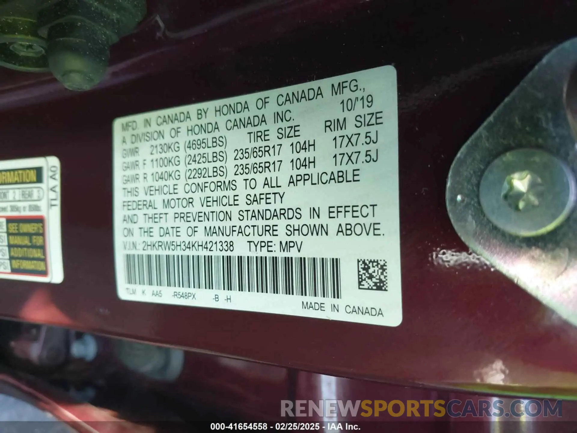9 fotografías del automóvil dañado 2HKRW5H34KH421338 HONDA CR-V 2019