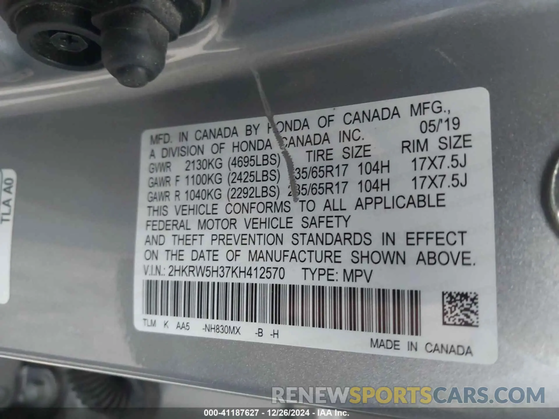 9 fotografías del automóvil dañado 2HKRW5H37KH412570 HONDA CR-V 2019