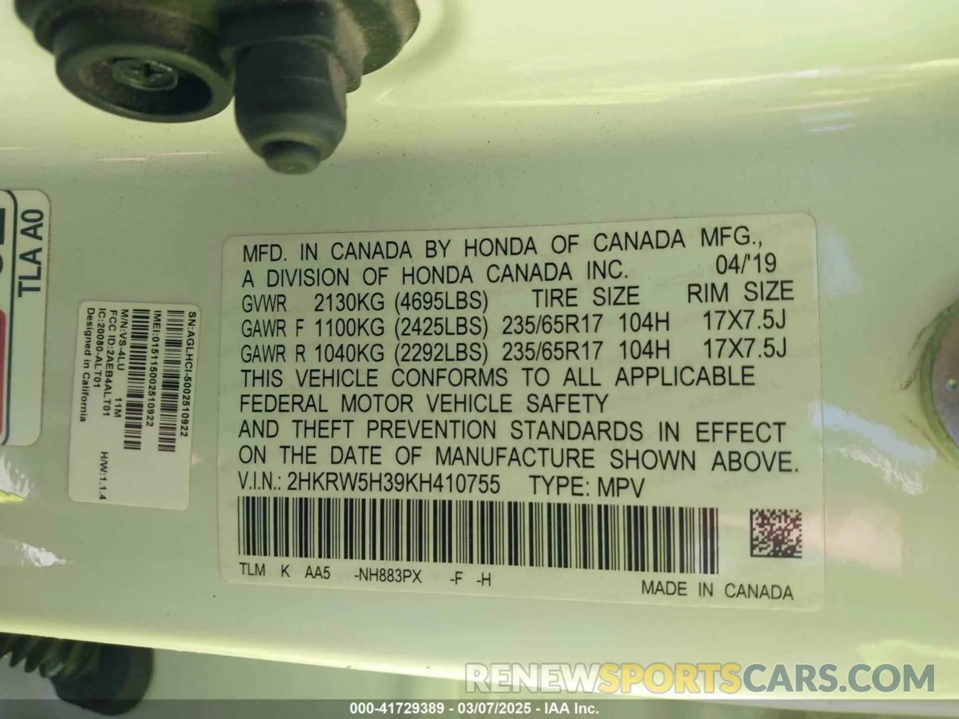 9 fotografías del automóvil dañado 2HKRW5H39KH410755 HONDA CR-V 2019
