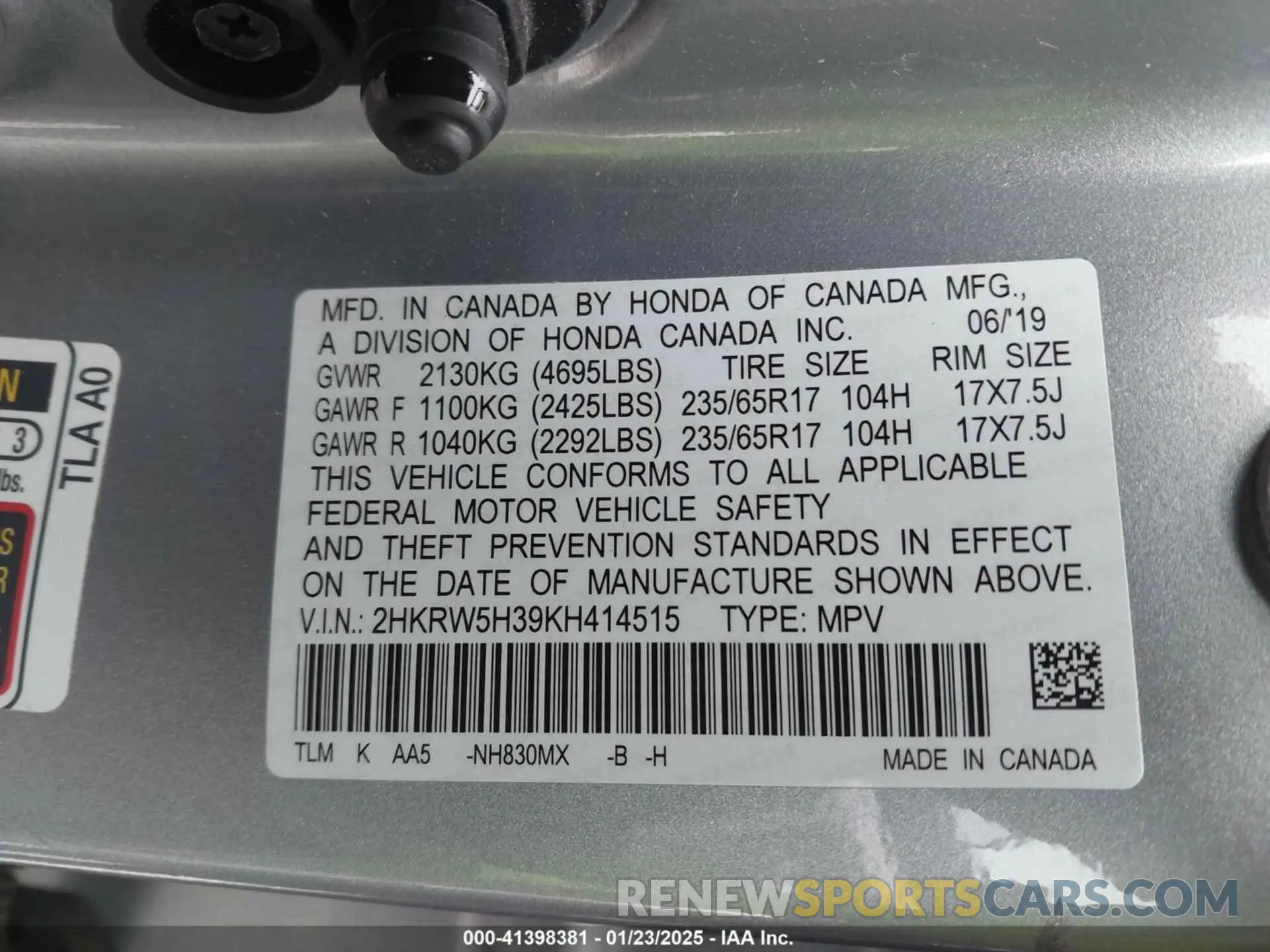 9 fotografías del automóvil dañado 2HKRW5H39KH414515 HONDA CR-V 2019