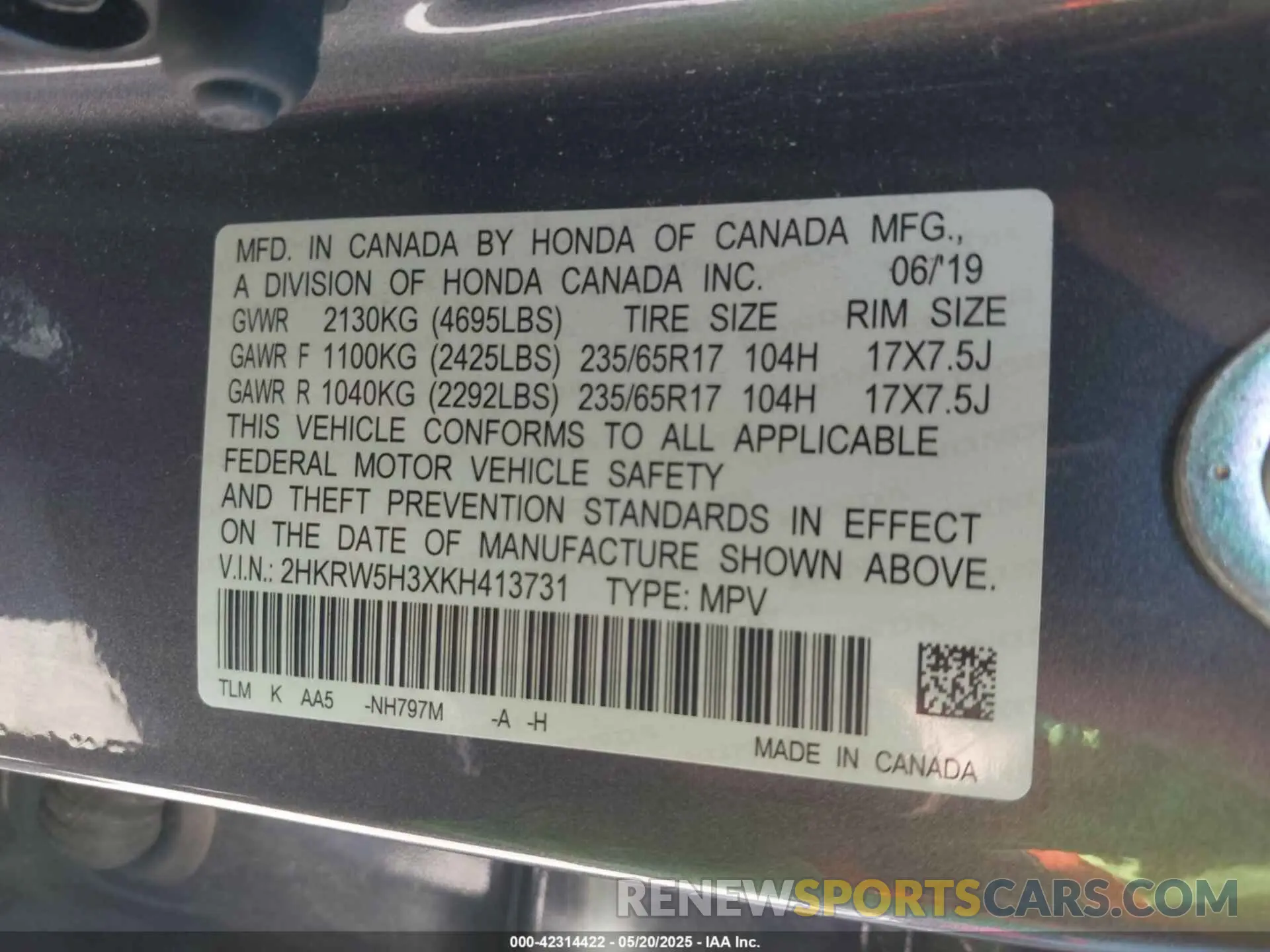 9 fotografías del automóvil dañado 2HKRW5H3XKH413731 HONDA CR-V 2019