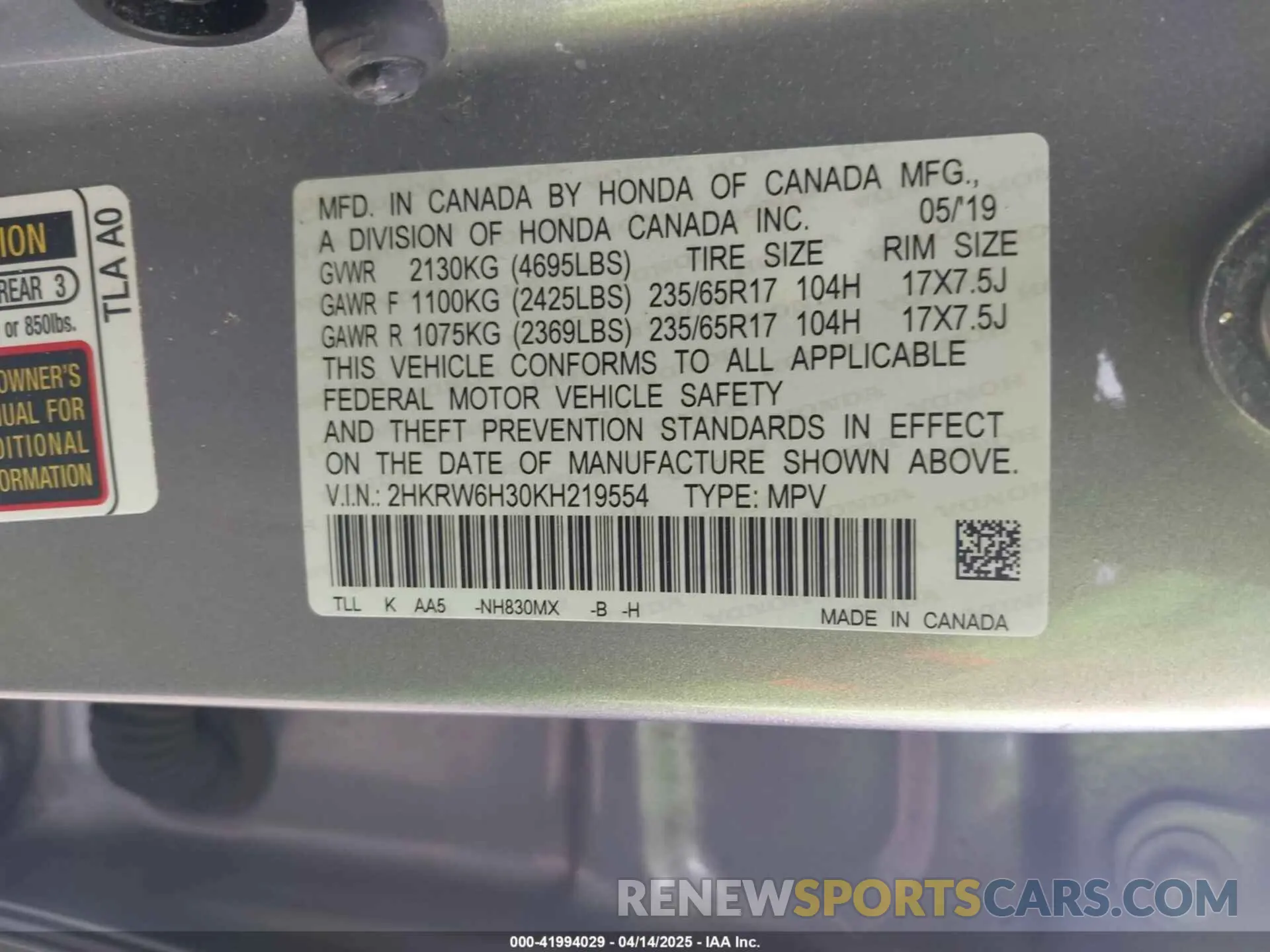 9 fotografías del automóvil dañado 2HKRW6H30KH219554 HONDA CR-V 2019