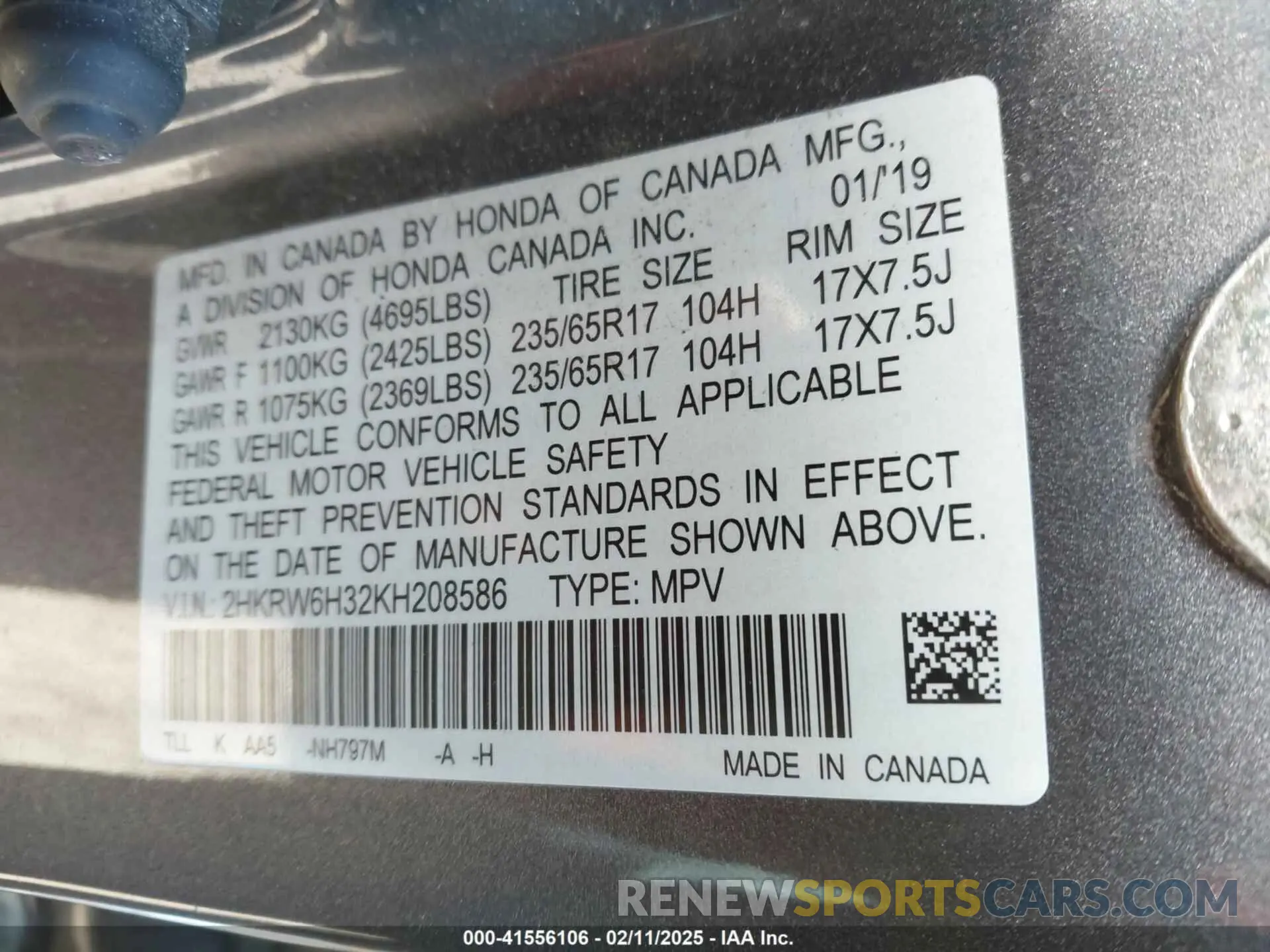 9 fotografías del automóvil dañado 2HKRW6H32KH208586 HONDA CR-V 2019