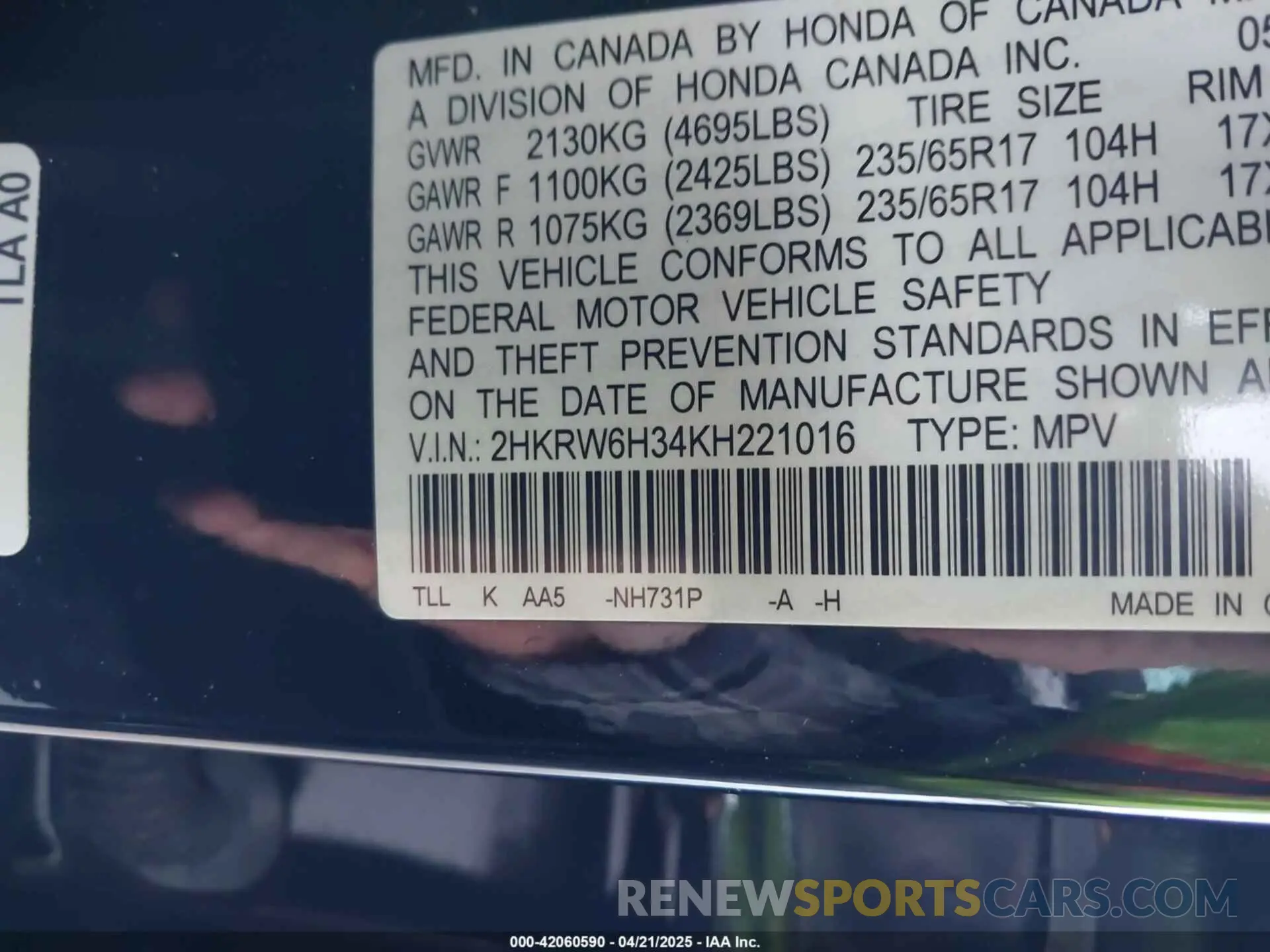 9 fotografías del automóvil dañado 2HKRW6H34KH221016 HONDA CR-V 2019
