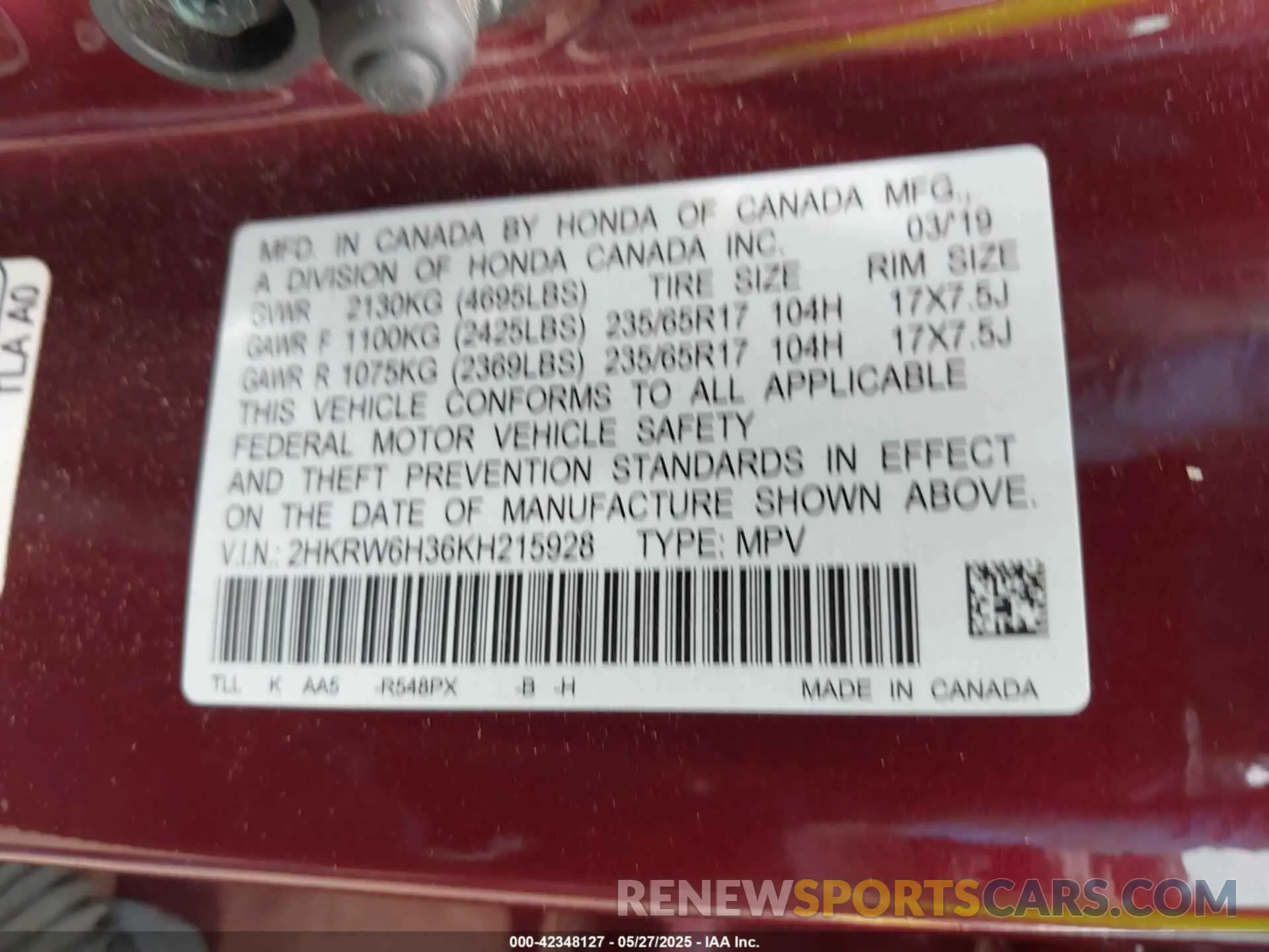 9 fotografías del automóvil dañado 2HKRW6H36KH215928 HONDA CR-V 2019
