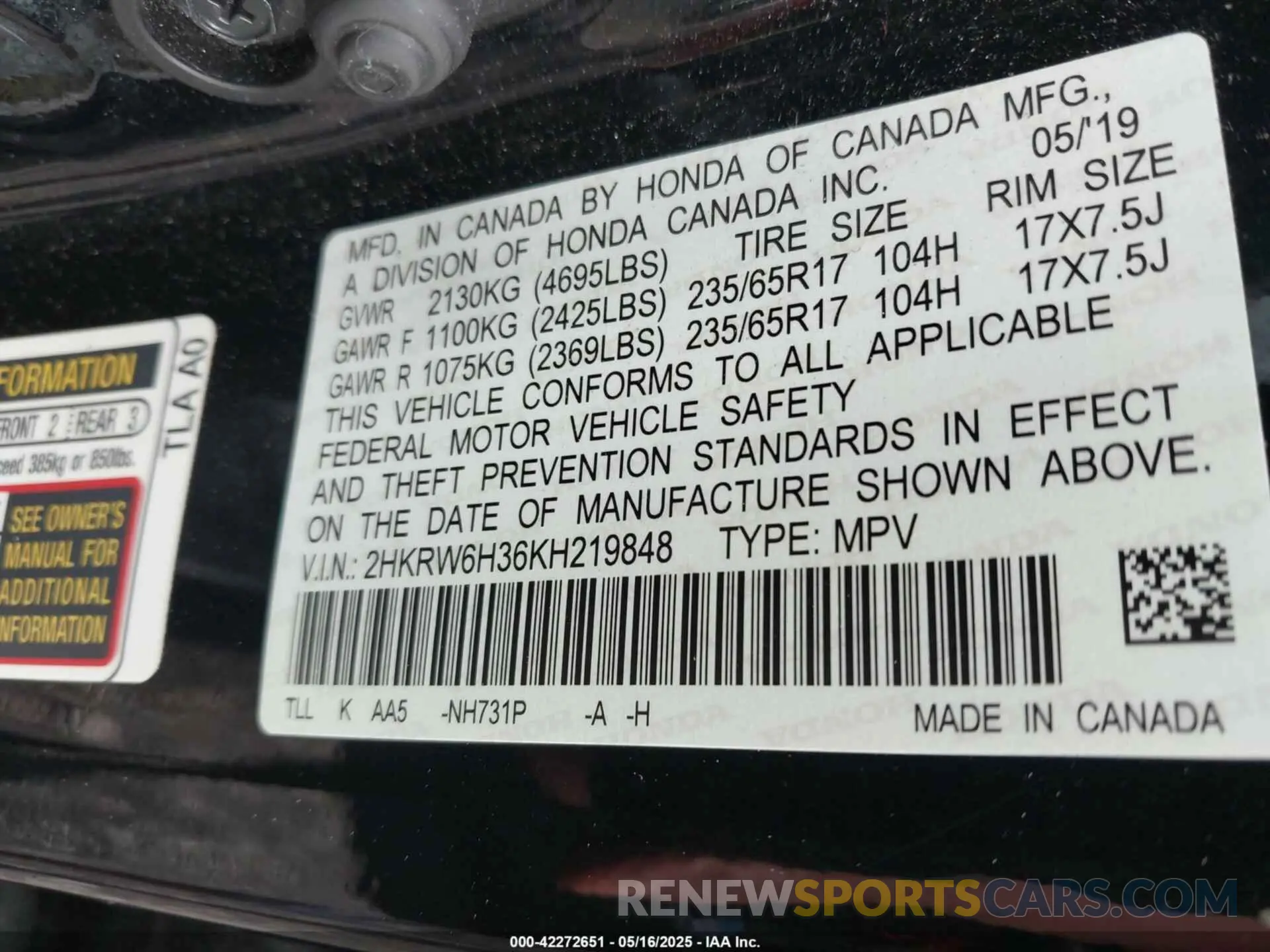 9 fotografías del automóvil dañado 2HKRW6H36KH219848 HONDA CR-V 2019