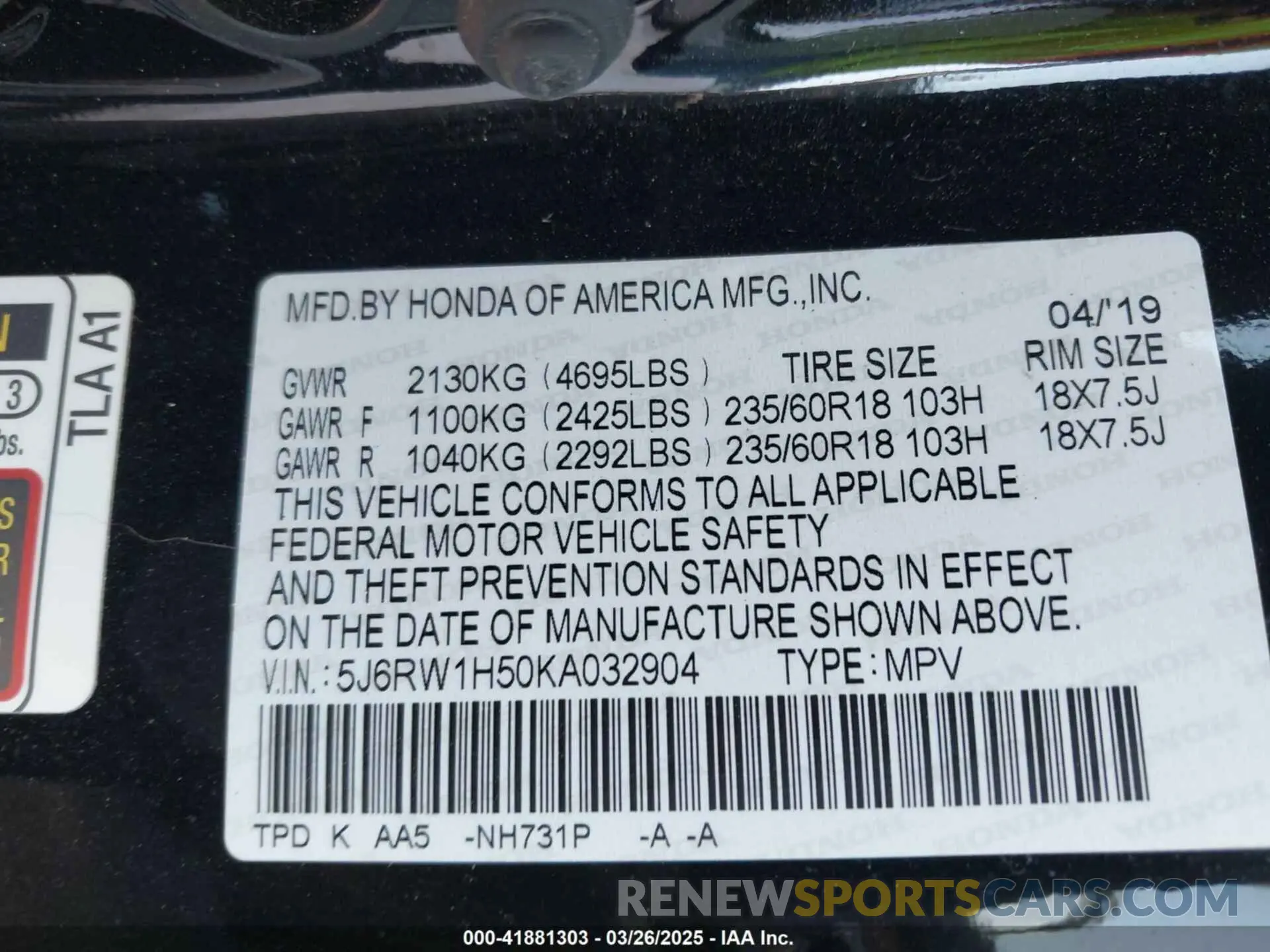 9 fotografías del automóvil dañado 5J6RW1H50KA032904 HONDA CR-V 2019